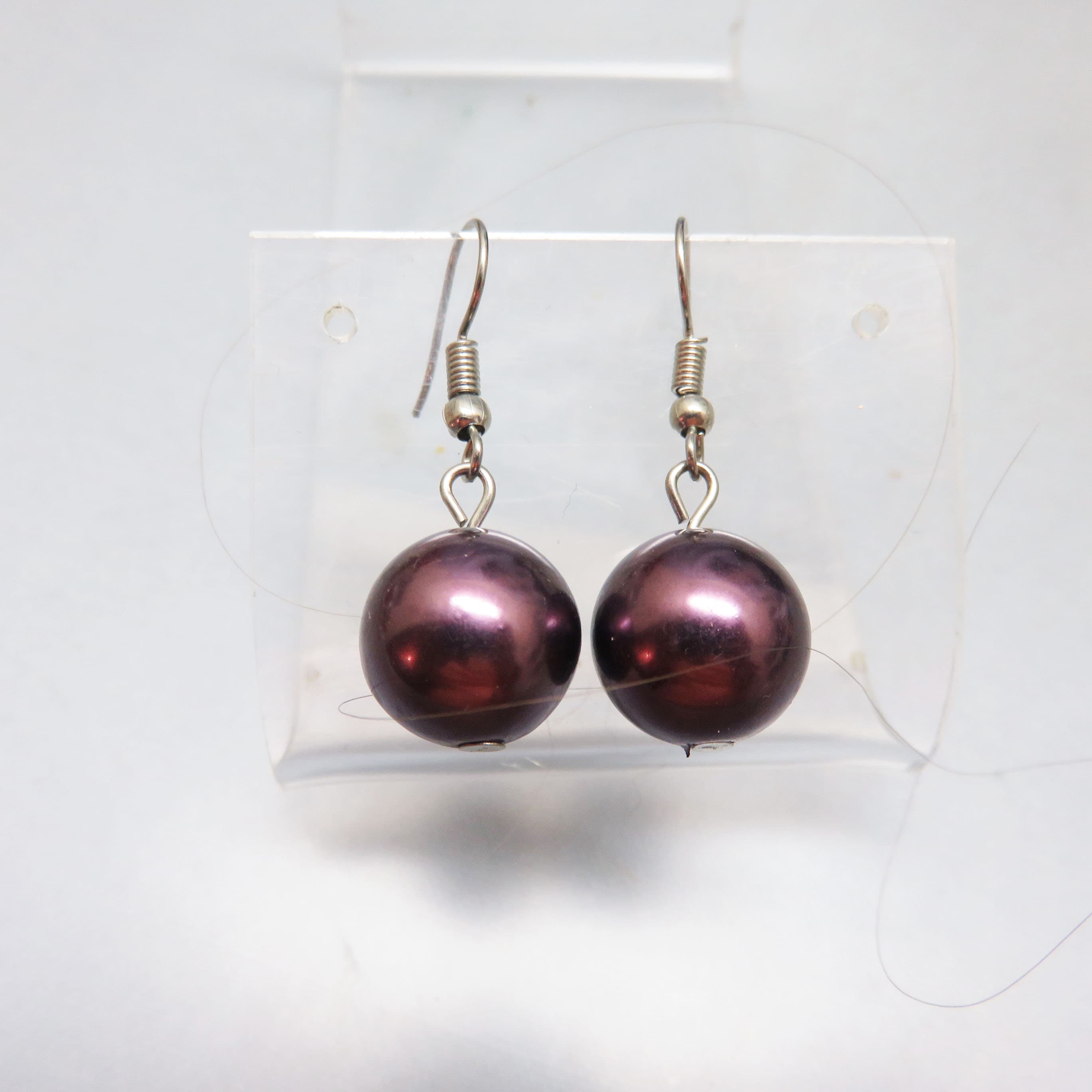 Plum Purple Faux Pearl Dangle Pierced Earrings, Vintage French Hooks