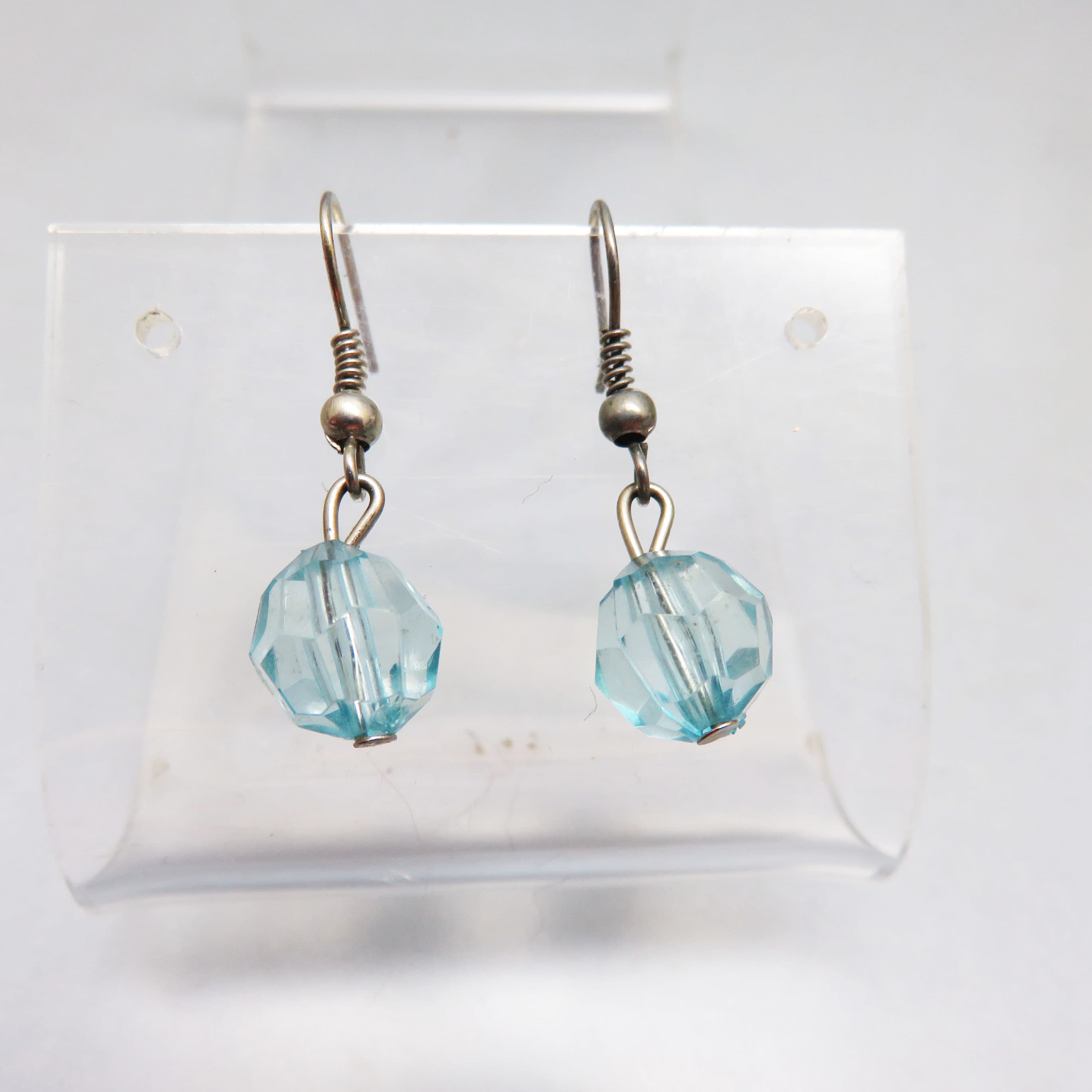 Pale Blue Crystal Bead Dangle Pierced Earrings, Silverplated Findings