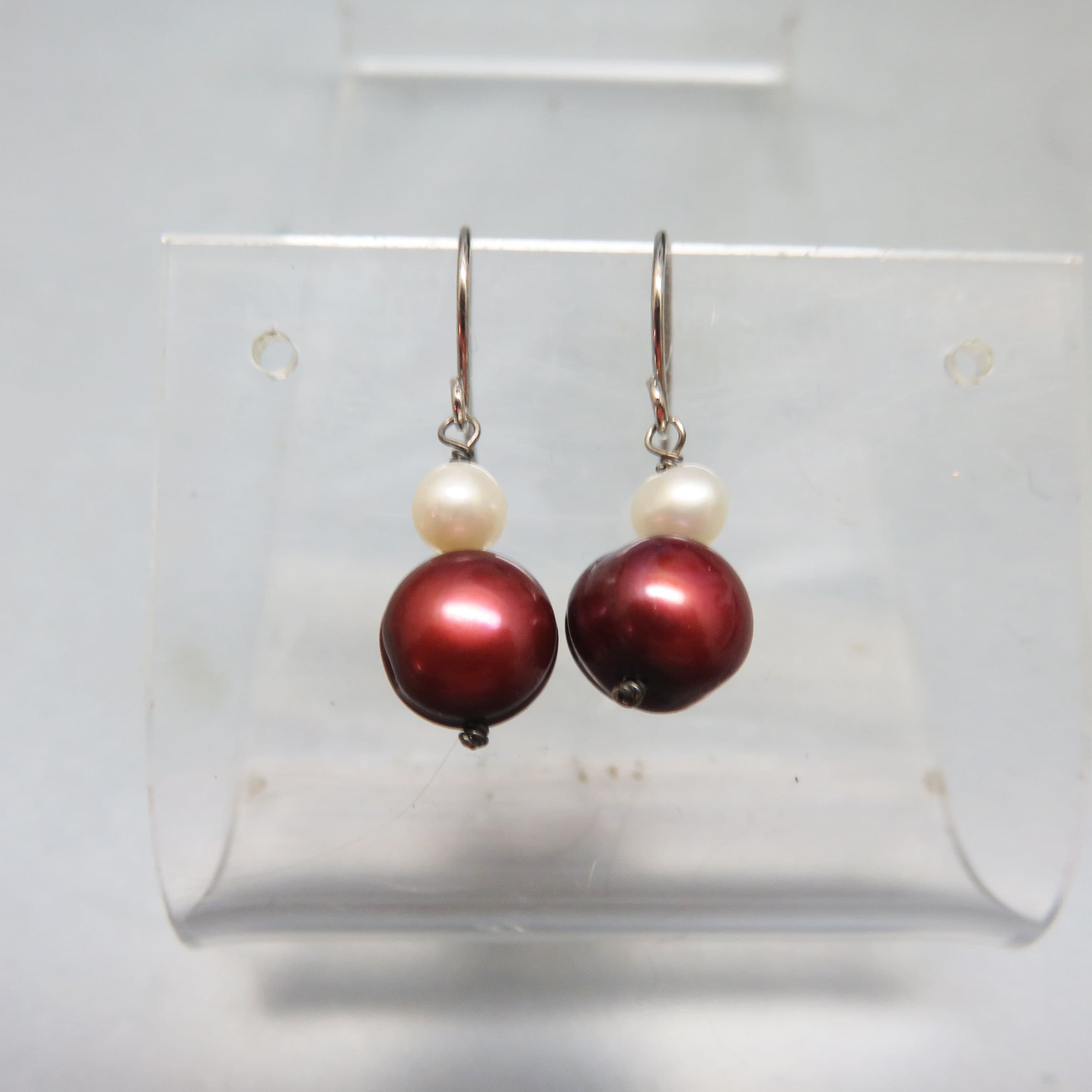 Cranberry and White Real Pearl Pierced Earrings, Handmade in our Studio