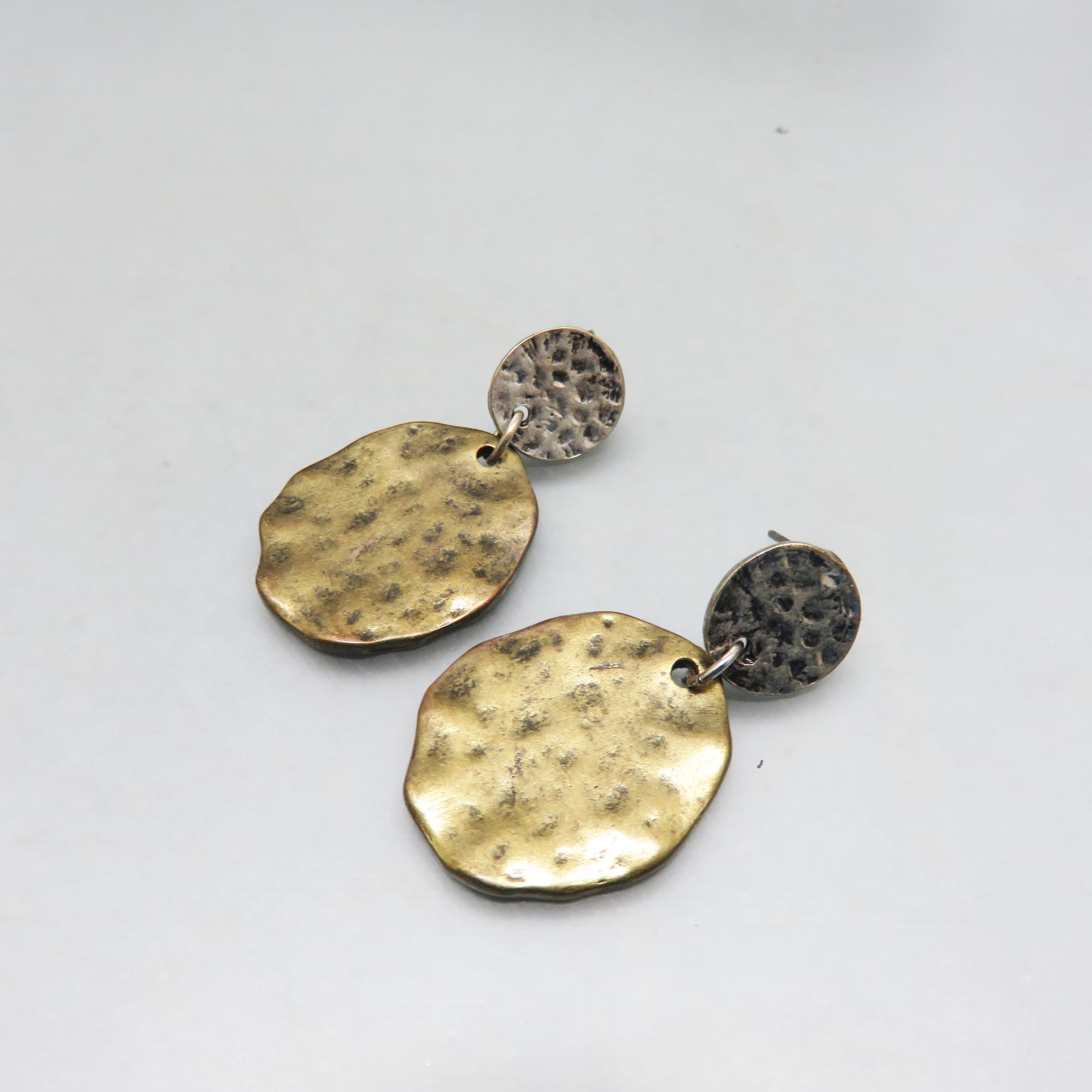 BoHo Antiqued Silver and Bronze Post Style Pierced Earrings, Vintage Dangle Pierced Earrings