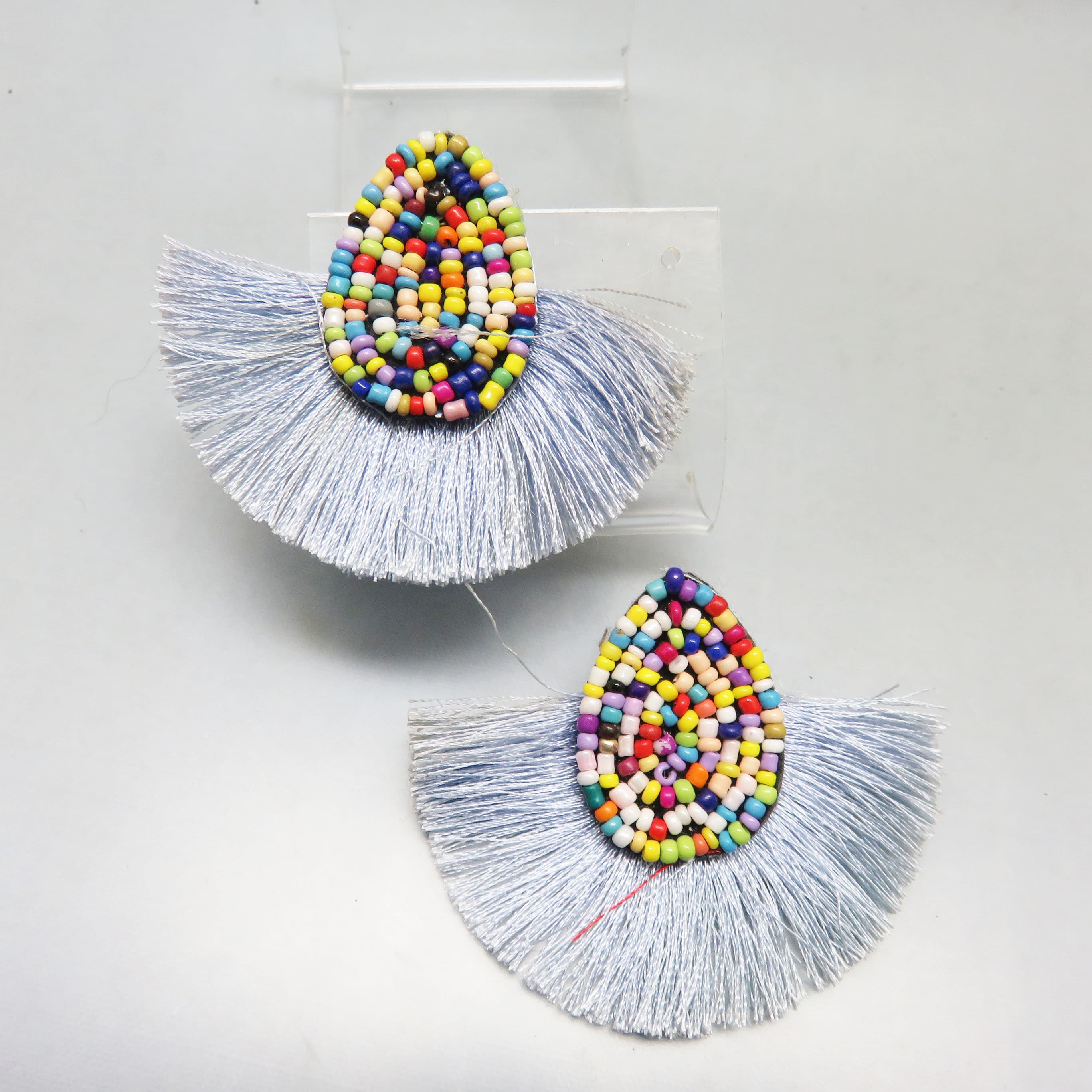 Blue Gray Fringed Hand Beaded Pierced Earrings, 1990s BoHo
