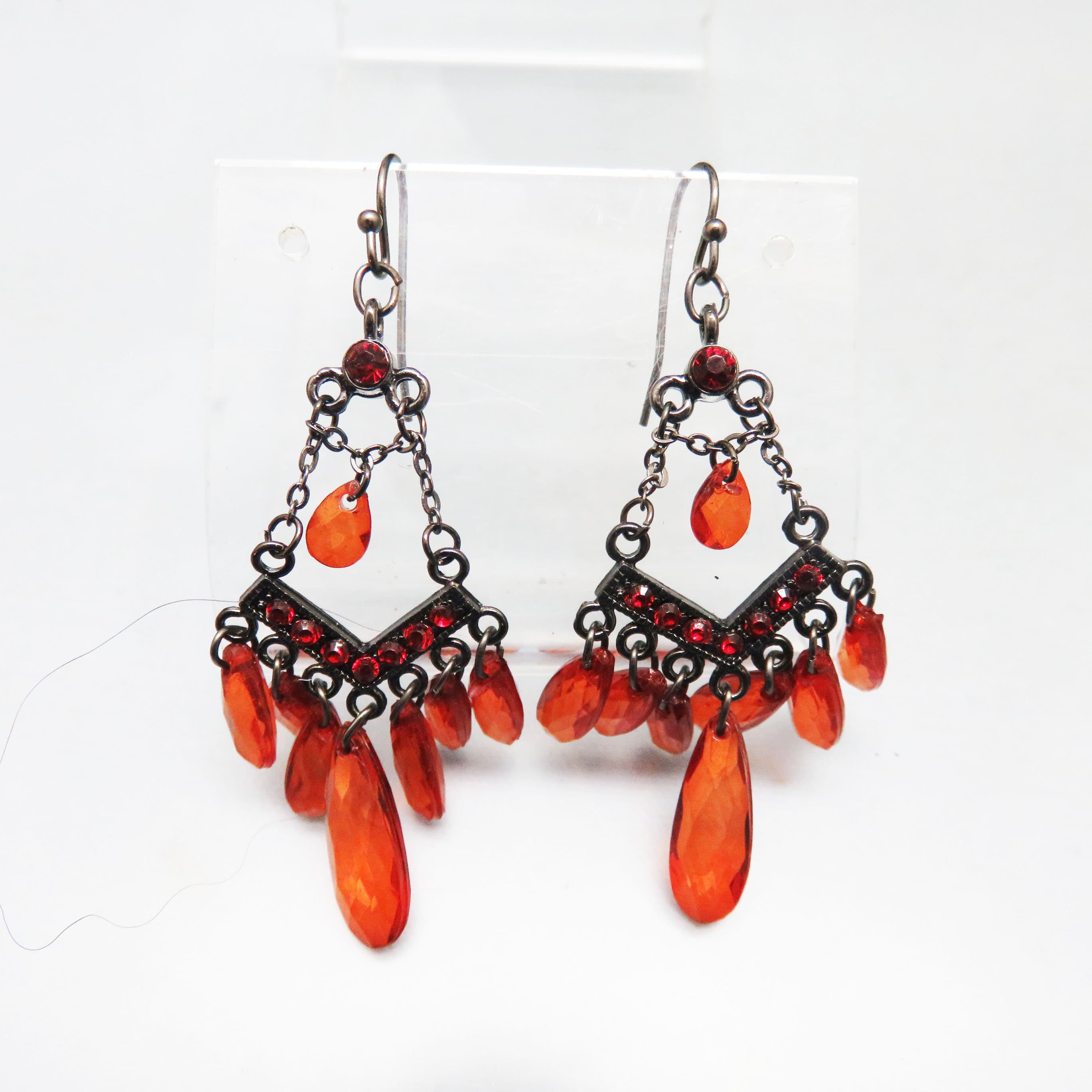 Red Acrylic Bead Chandelier Style Pierced Earrings, Vintage