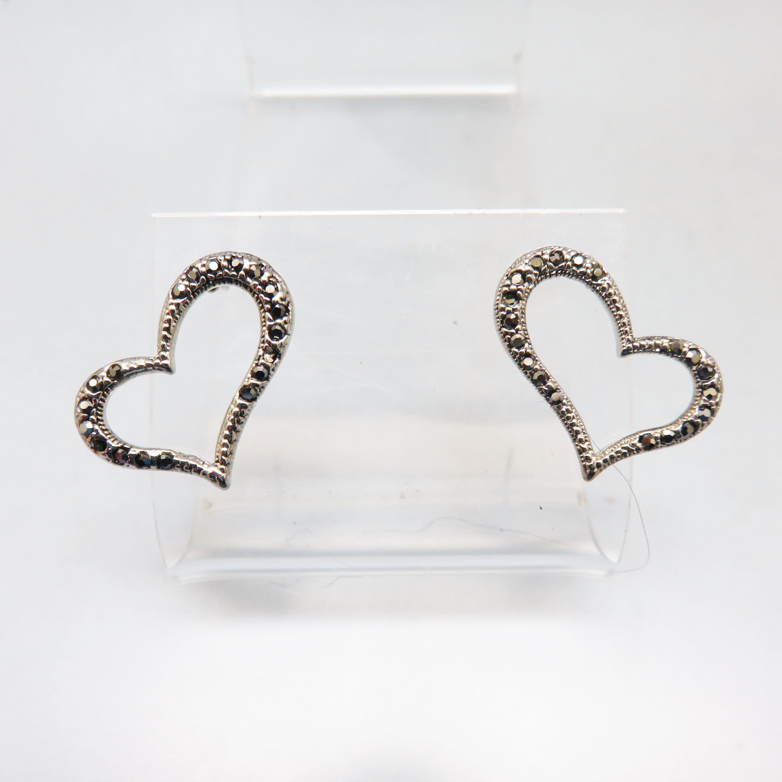 Silvery Rhodium Plated Open Heart Pierced Earrings, Marcasite Accented Vintage Earrings