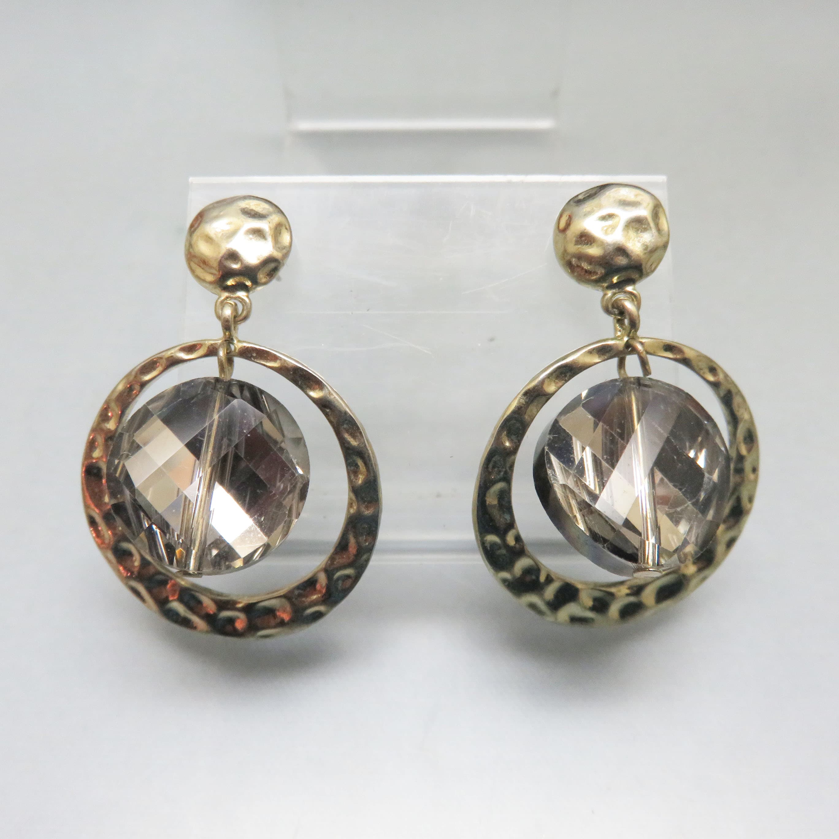 Golden Post Style Gray Crystal Dangle Pierced Earrings, Vintage