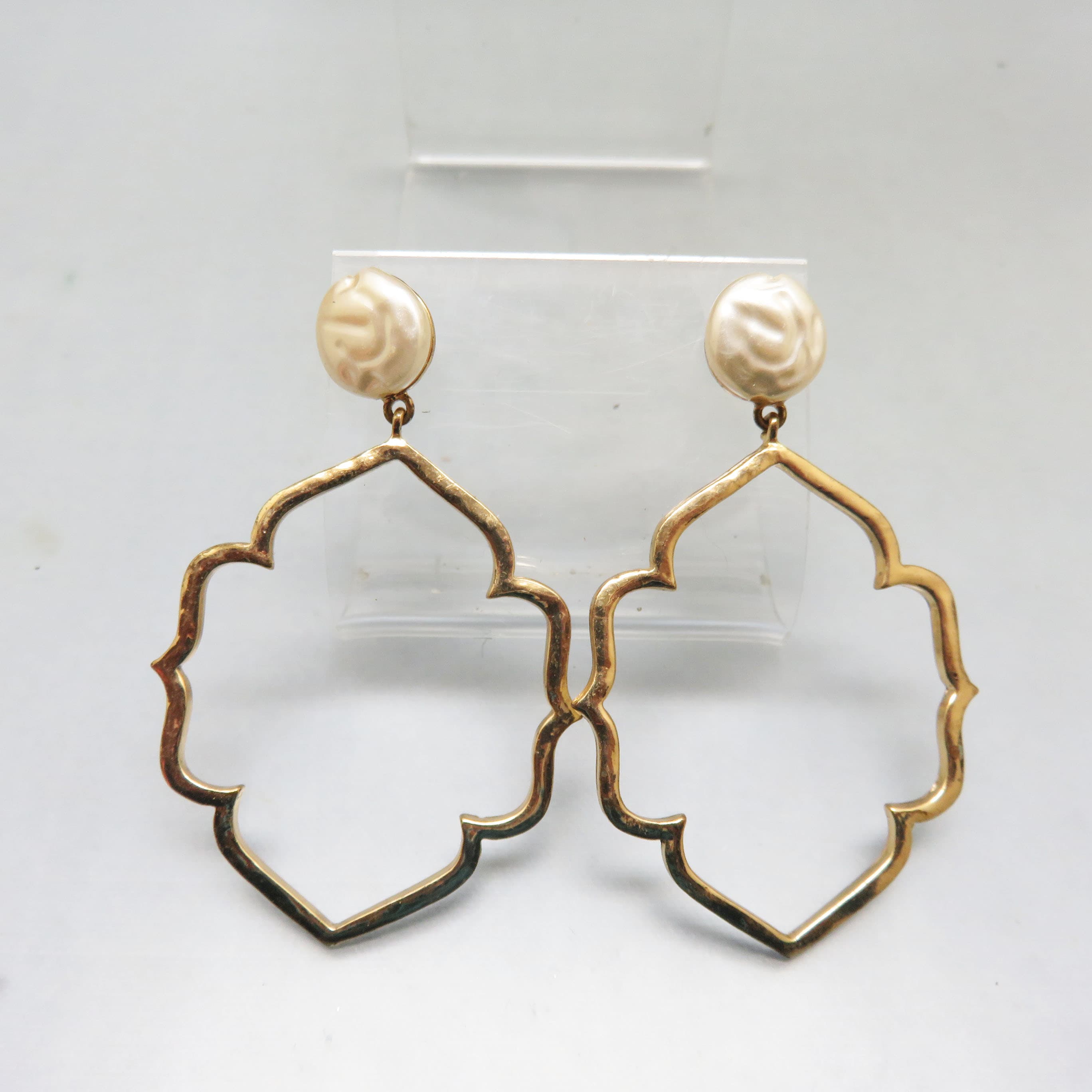 Faux Pearl Topped Open Golden Crest Style Dangle Pierced Earrings, Vintage