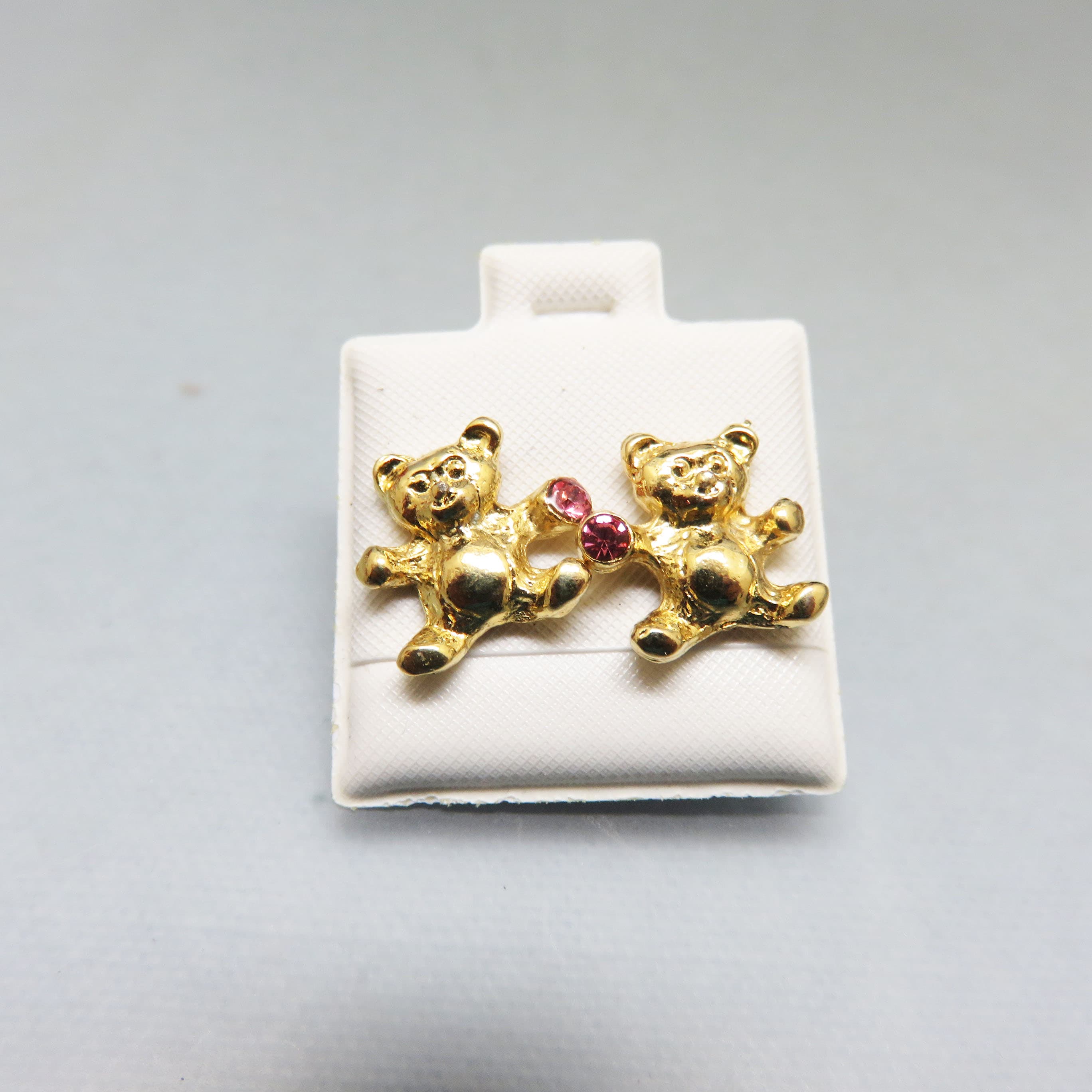 Tiny Gold Plated Teddy Bear Pierced Earrings, Vintage, Pink Rhinestone Accent