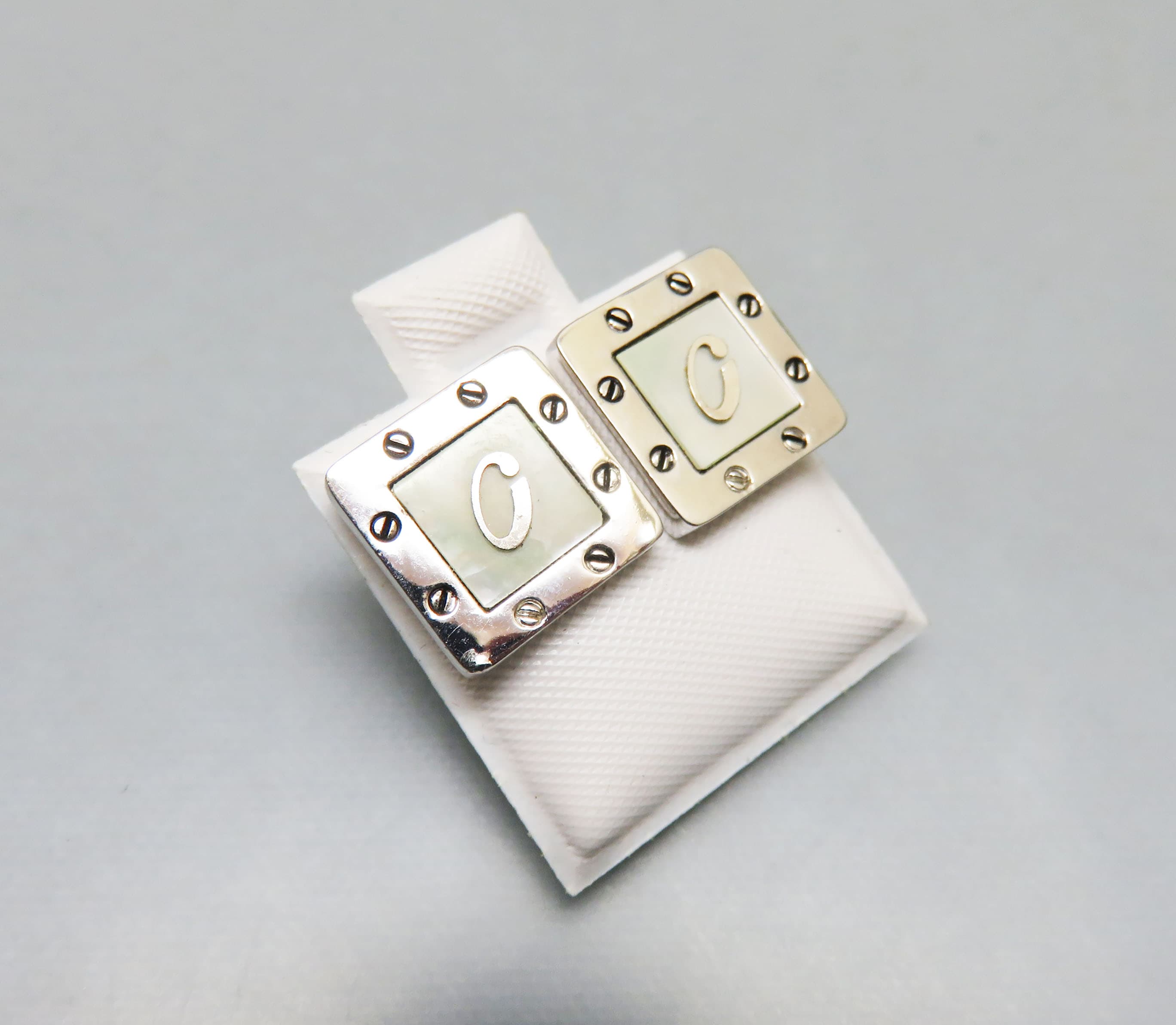 Industrial Look Mother of Pearl Pierced Earrings, Silverplated Metal