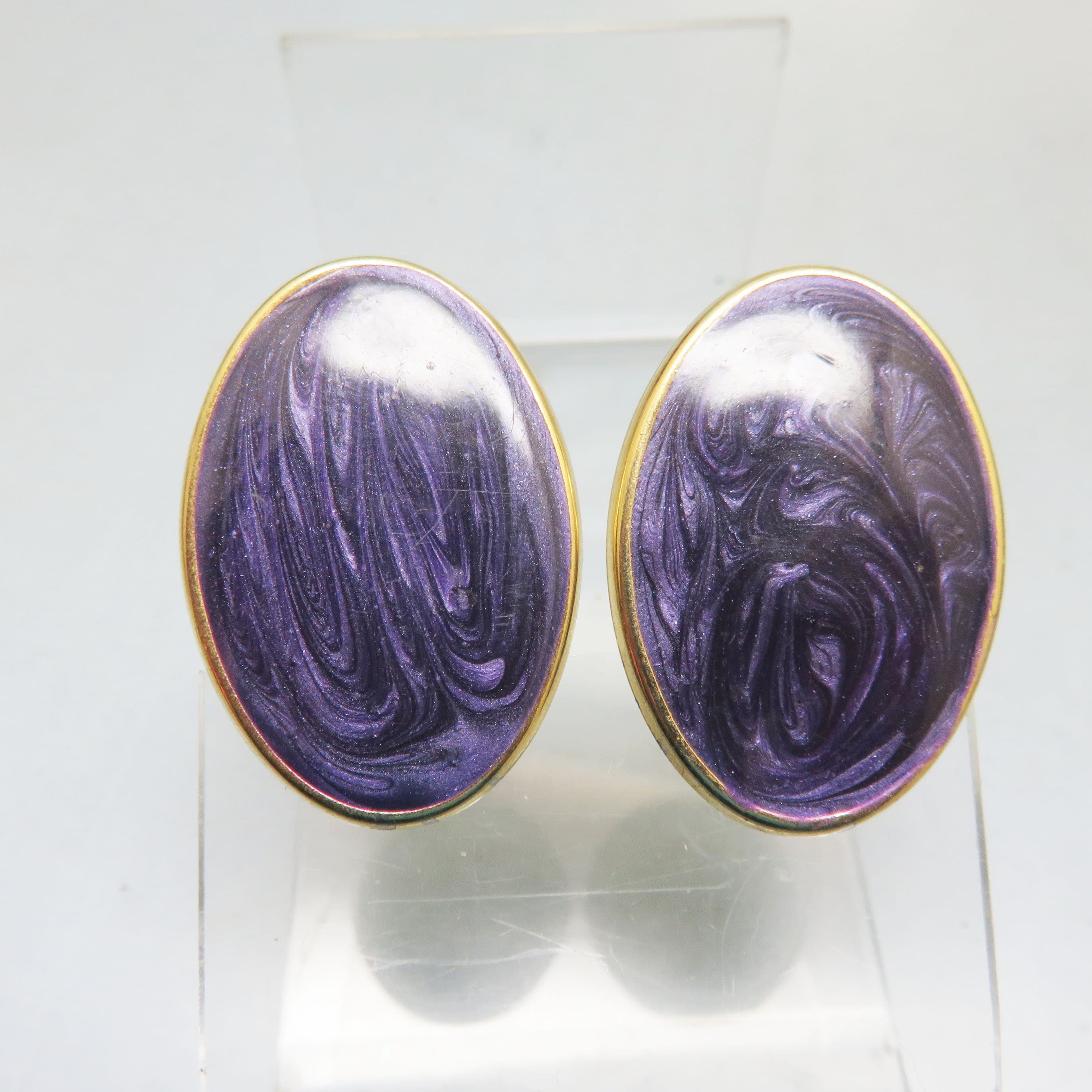 1970s Oval Purple Enamel Clip On Earrings