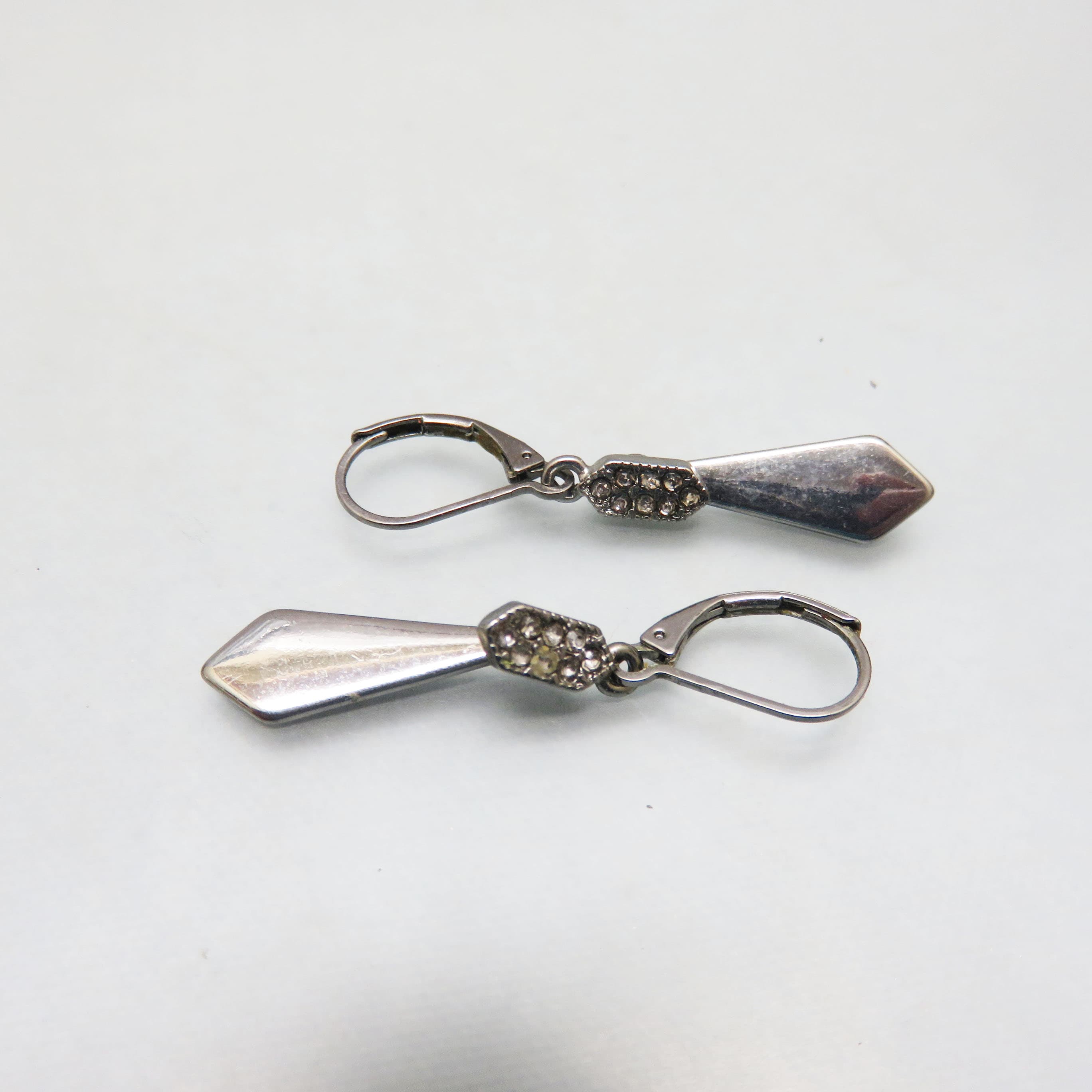 Modern Gun Metal and Rhinestone Leverback Pierced Earrings
