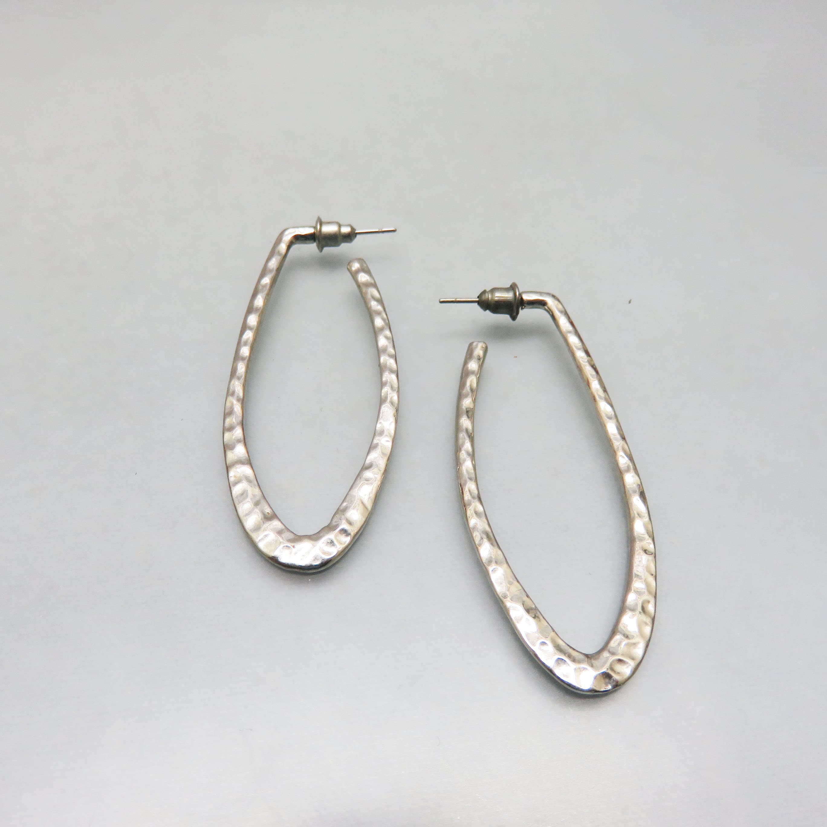Marquise Shaped Textured Silvertone Hoop Earrings, Pierced Hoop Earrings