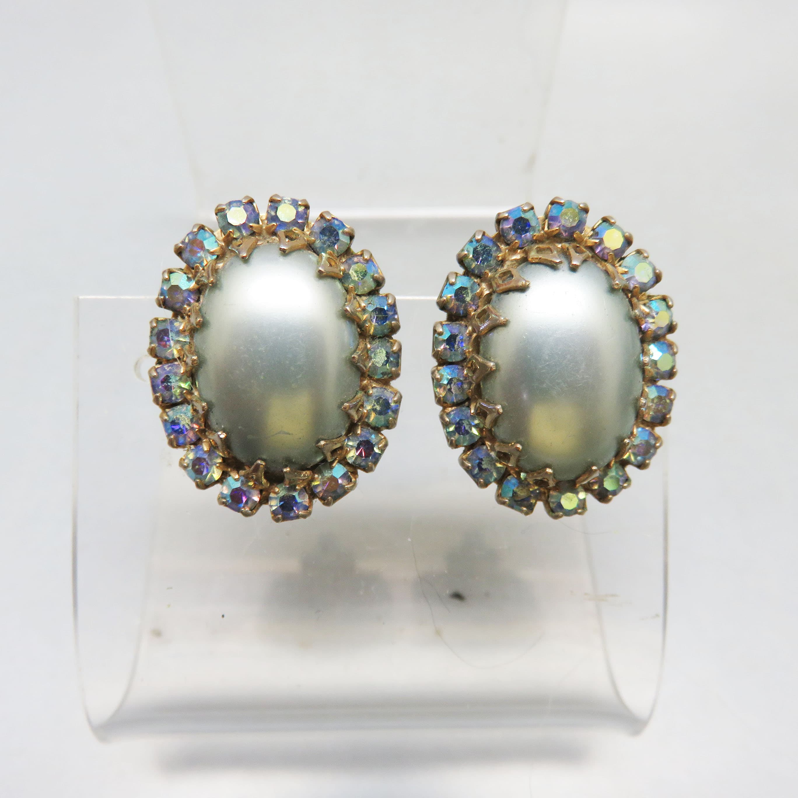 1960s Faux Silvery Blue Pearl Clip Earrings, Surrounded by Halo of Blue Aurora Borealis Rhinestones 