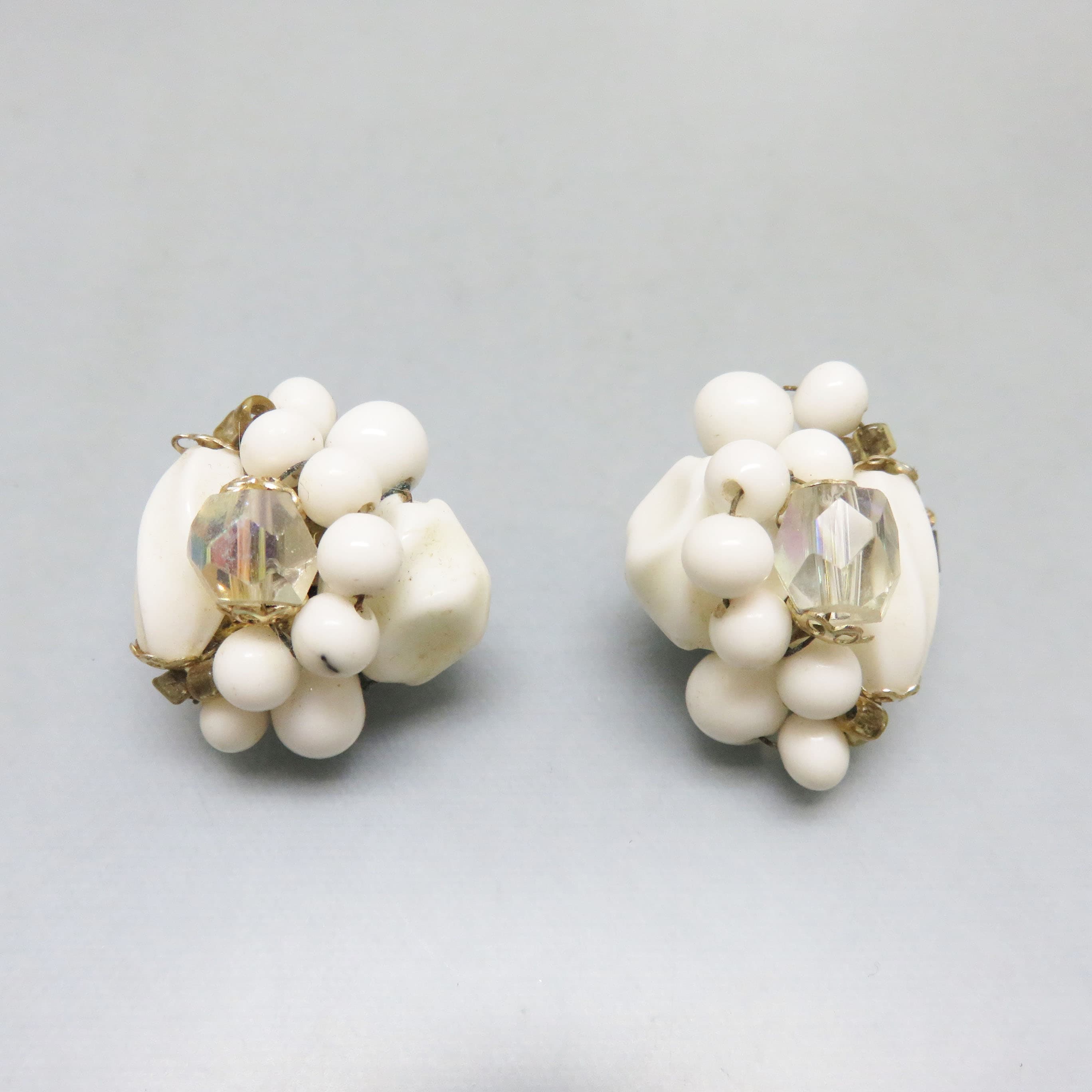 1960s Japanese White Glass Beaded Clip On  Earrings
