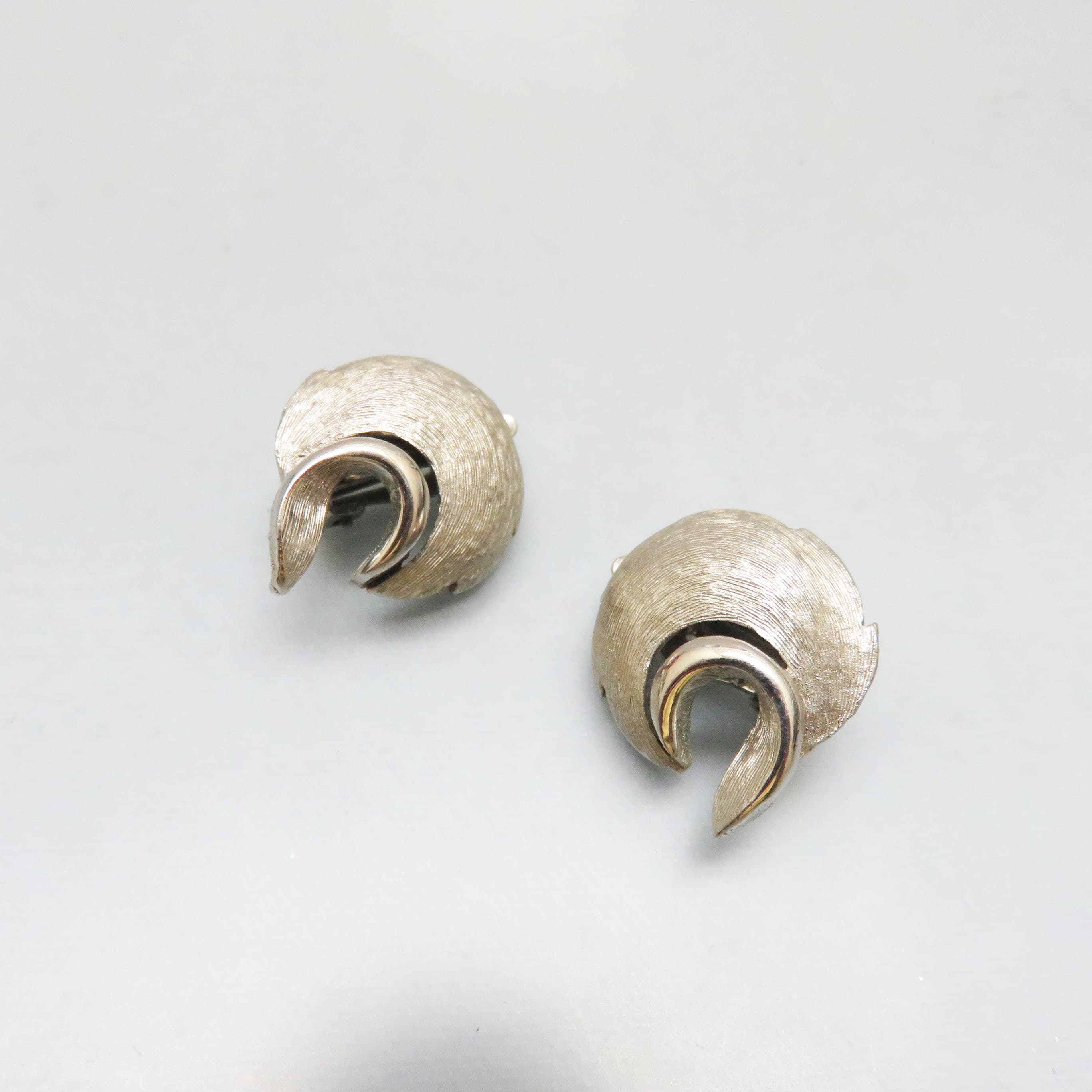 Dark Silvertone Metal Clip On Earrings, 1960s Modern Style
