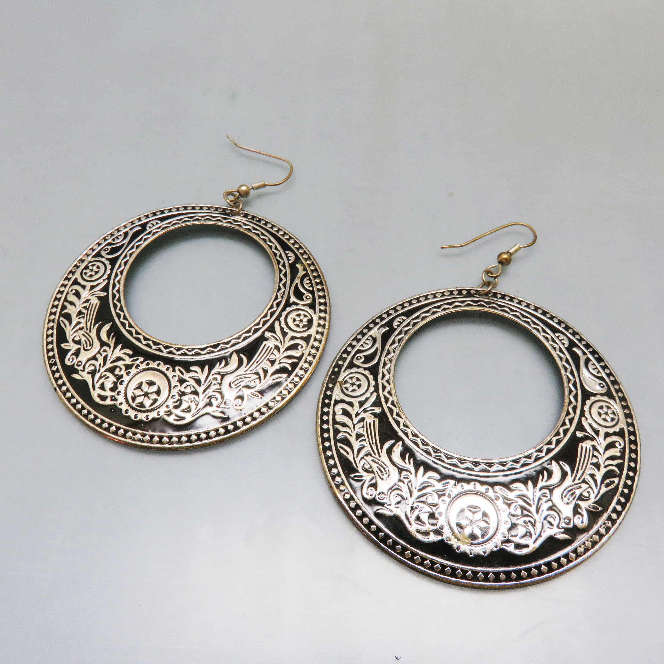 Black Enamel on Silvertone Metal Big Gypsy Hoop Pierced Earrings