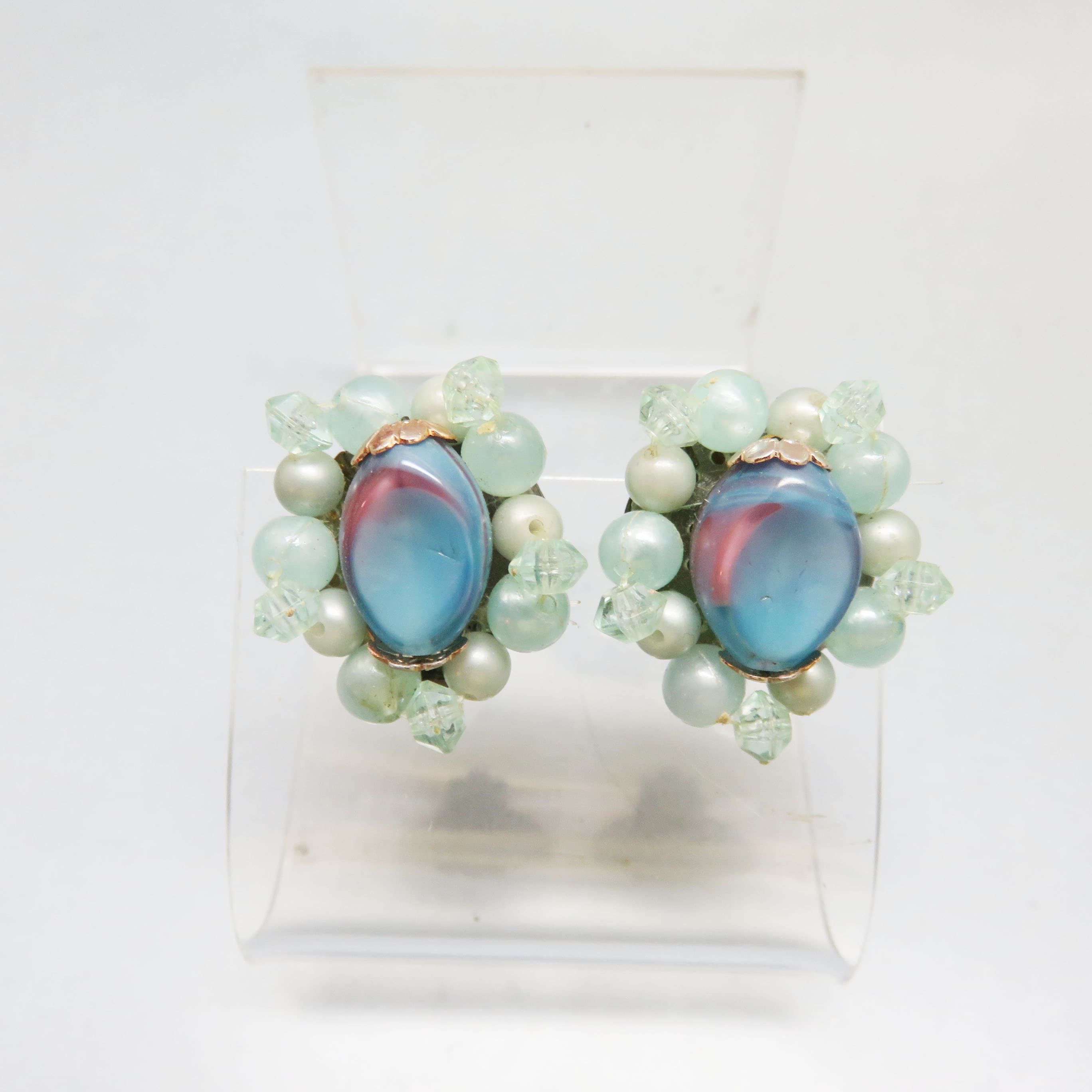 1960s West German Plastic Beaded Clip Earrings, Blue Tones