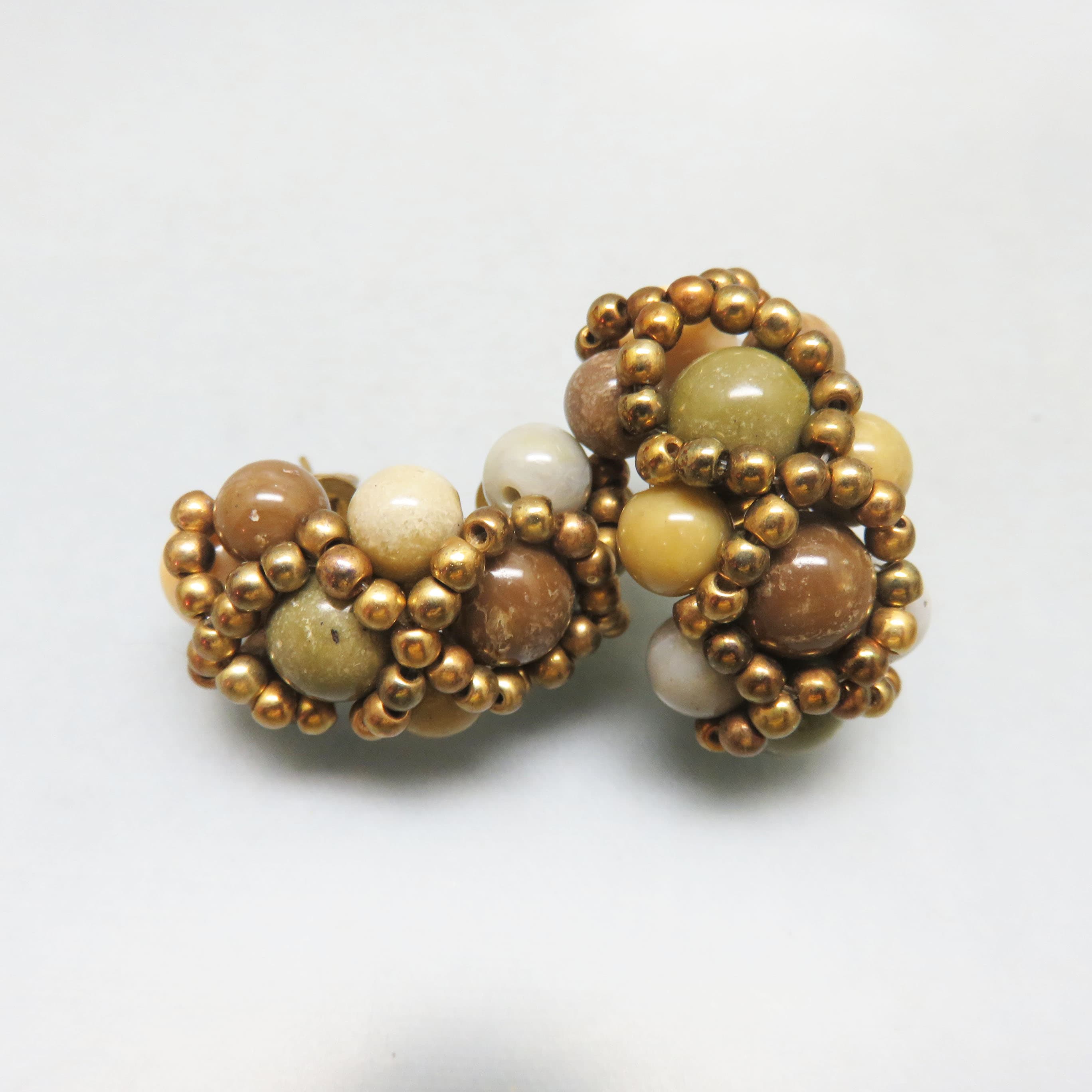 1970s Plastic Earth Toned Beaded Half Hoop Pierced Earrings