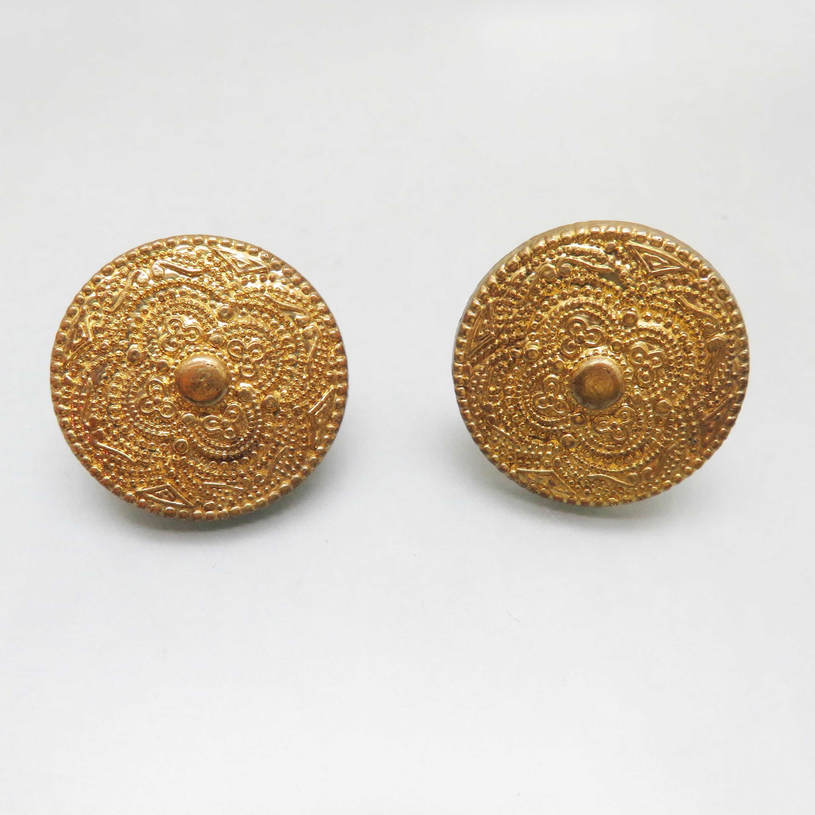 Big Metalized Plastic Vintage Button Style Pierced Earrings, 