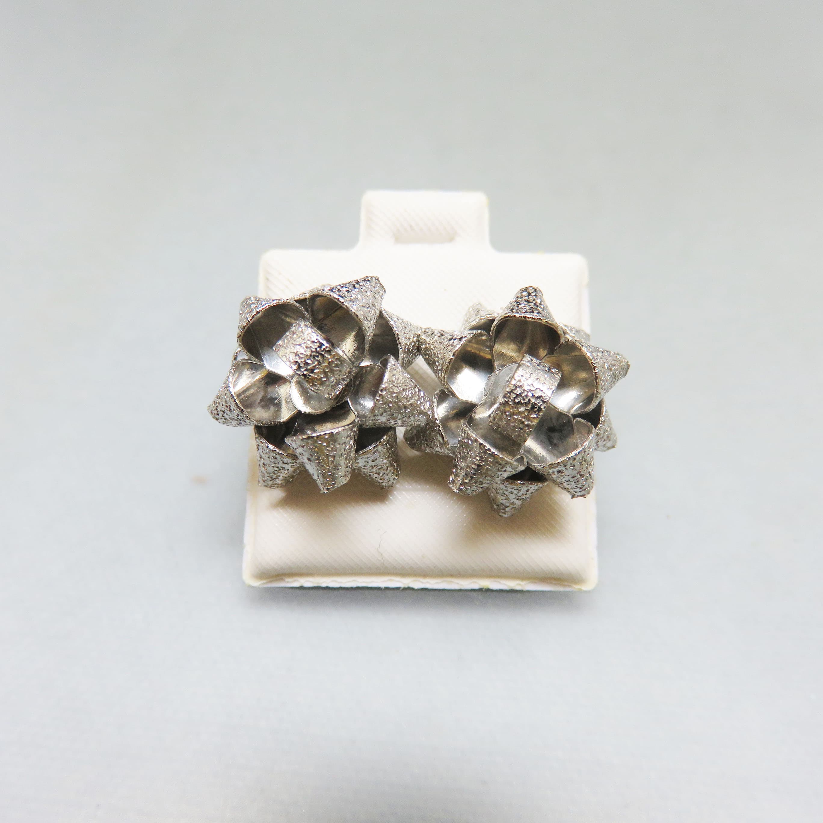 Silver Glittered Metal Bow Pierced Earrings, Vintage from the 1980s