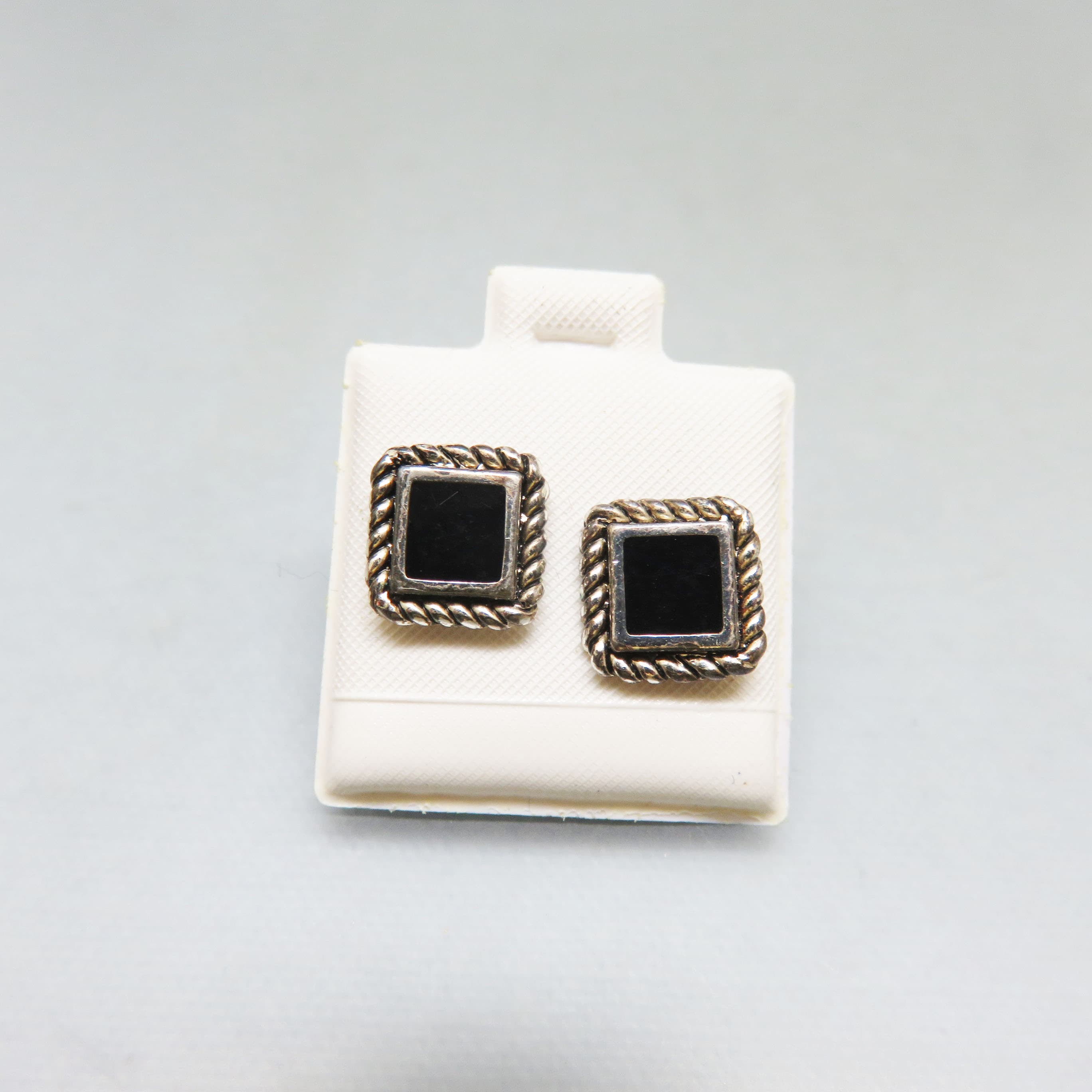 Silver Plated Tiny Black Enameled Square Pierced Earrings