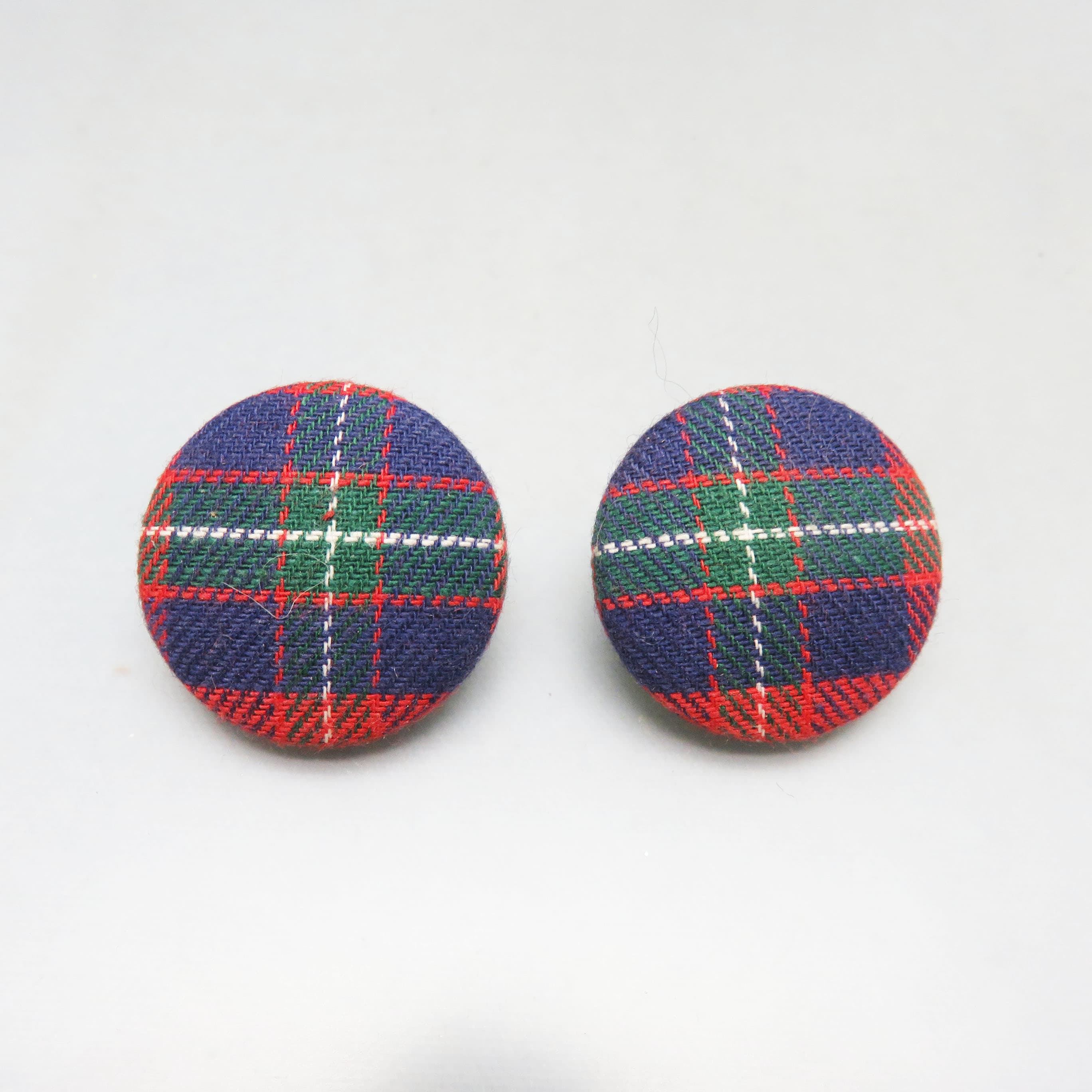 Tartan Plaid Button Pierced Earrings, Red, Blue, Green and White