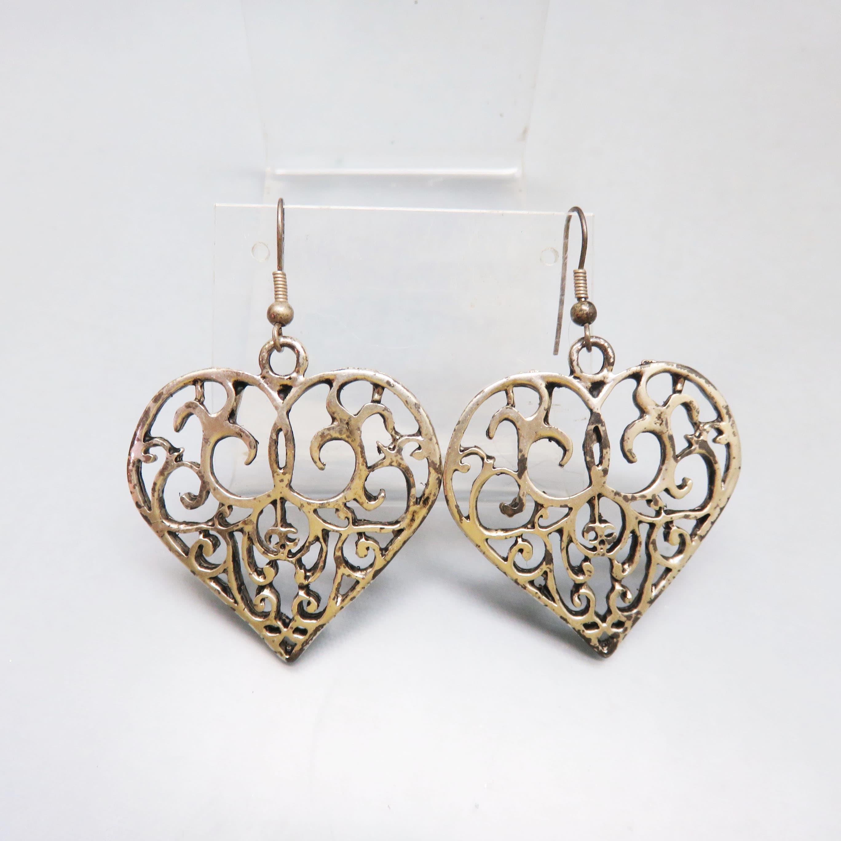 Antiqued Silvertone Metal Filigree Heart Pierced Earrings, Vintage French Hook Style