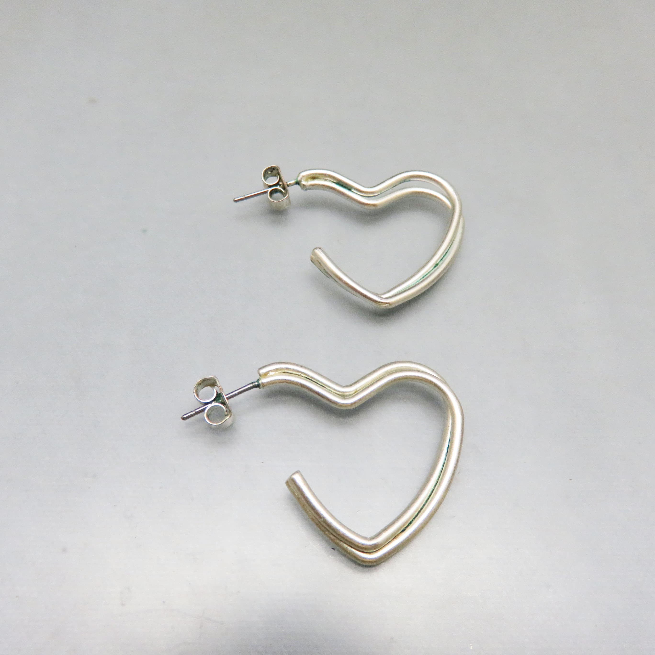 Vintage Open Heart Hoop Pierced Earrings, Silvertone Matte Metal