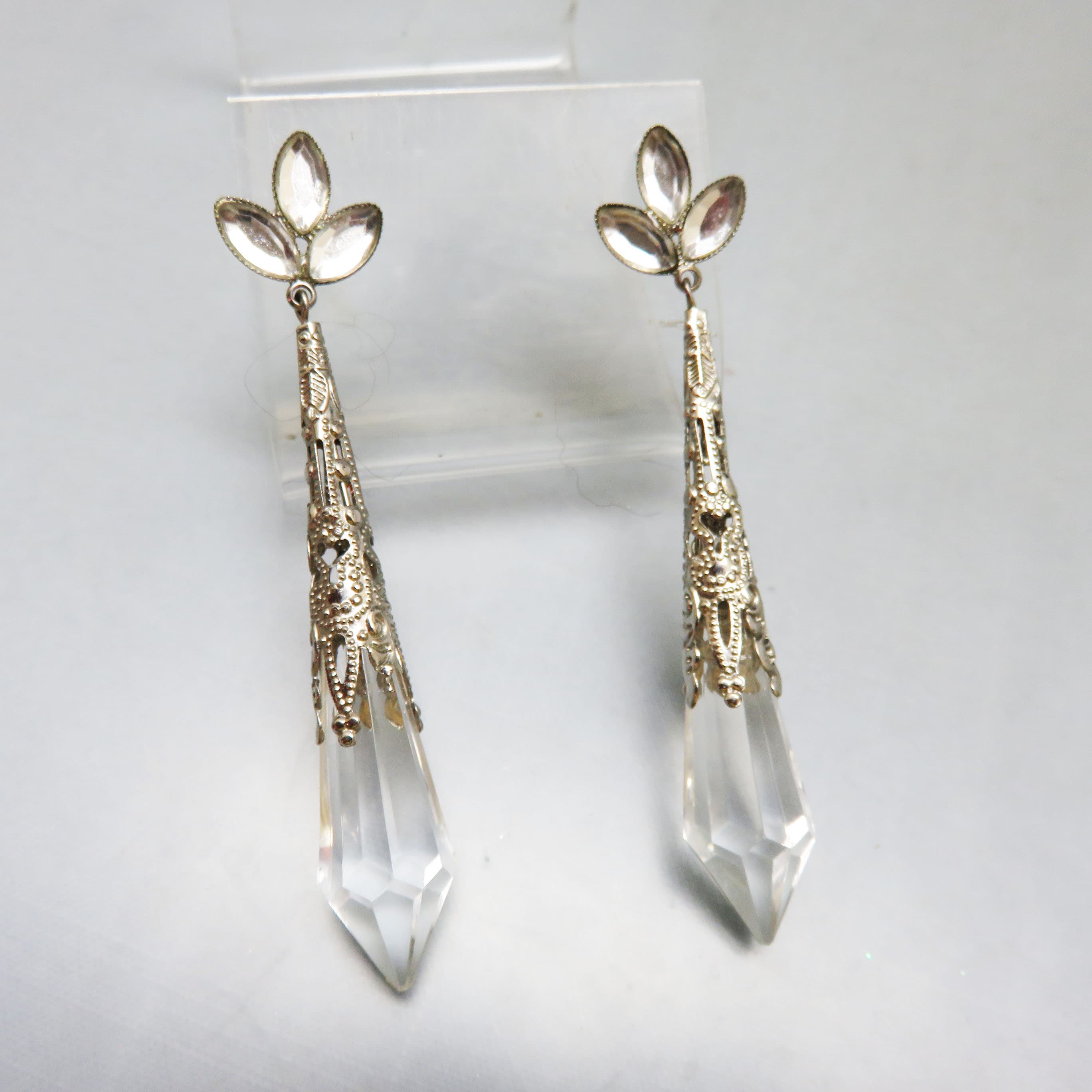 Elegant Crystalline Long Drop Pierced Earrings, Rhinestone Embellishment