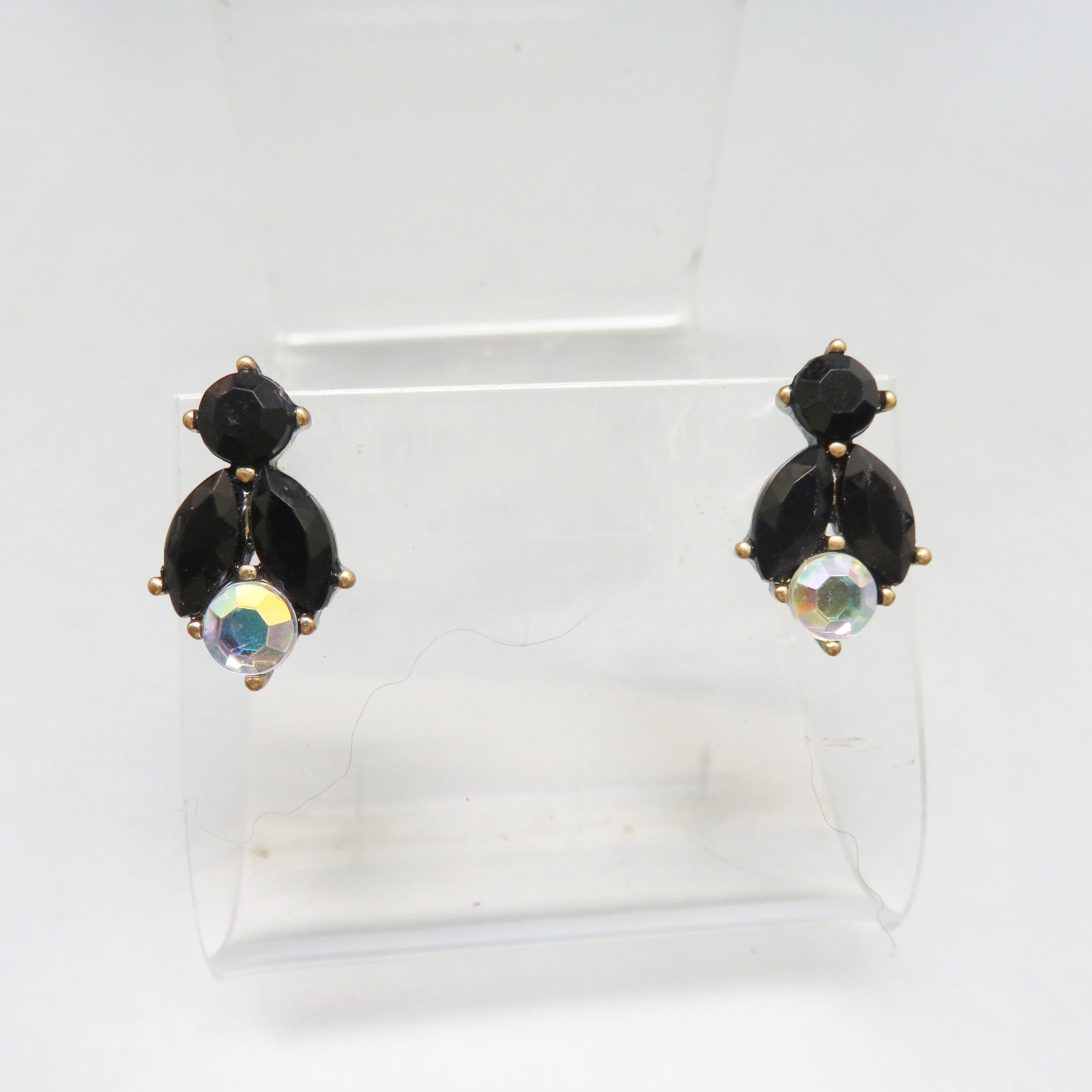 Petite Black and Clear Aurora Borealis Rhinestone Post Style Pierced Earrings