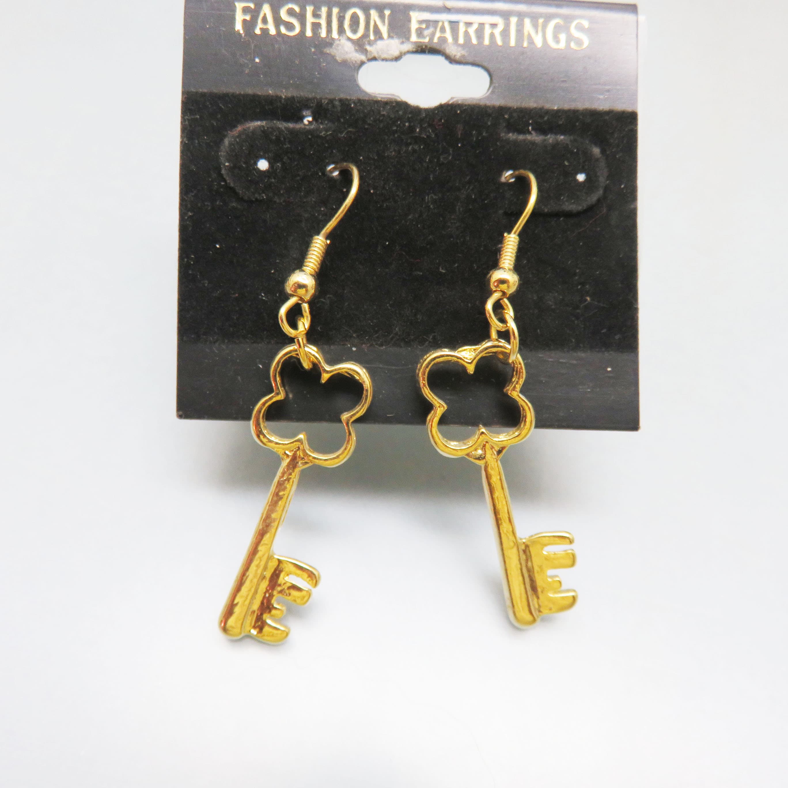 Mint on Card, Golden Skeleton Key Pierced Earrings