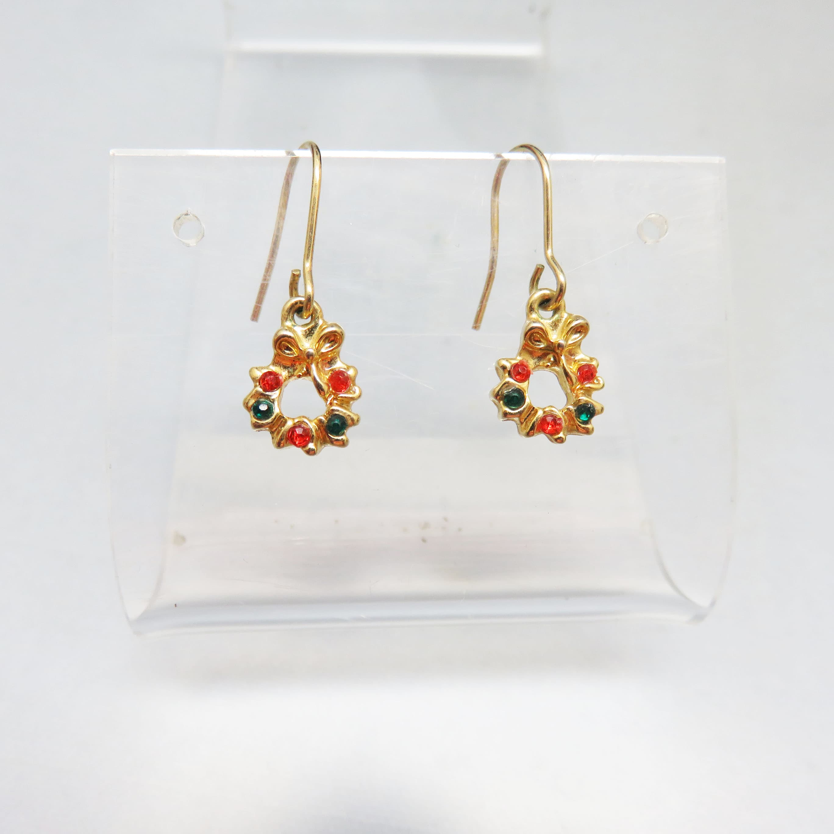 Tiny Rhinestone Christmas Wreath Pierced Earrings