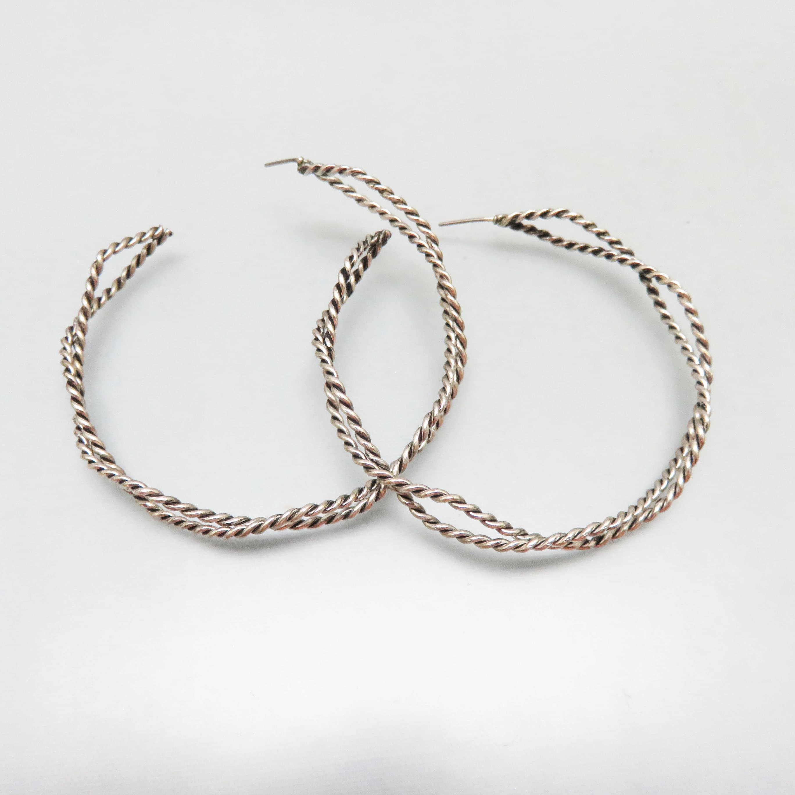 Big Silver Twisted Wire Hoop Earrings, Post Style for Pierced Earrings