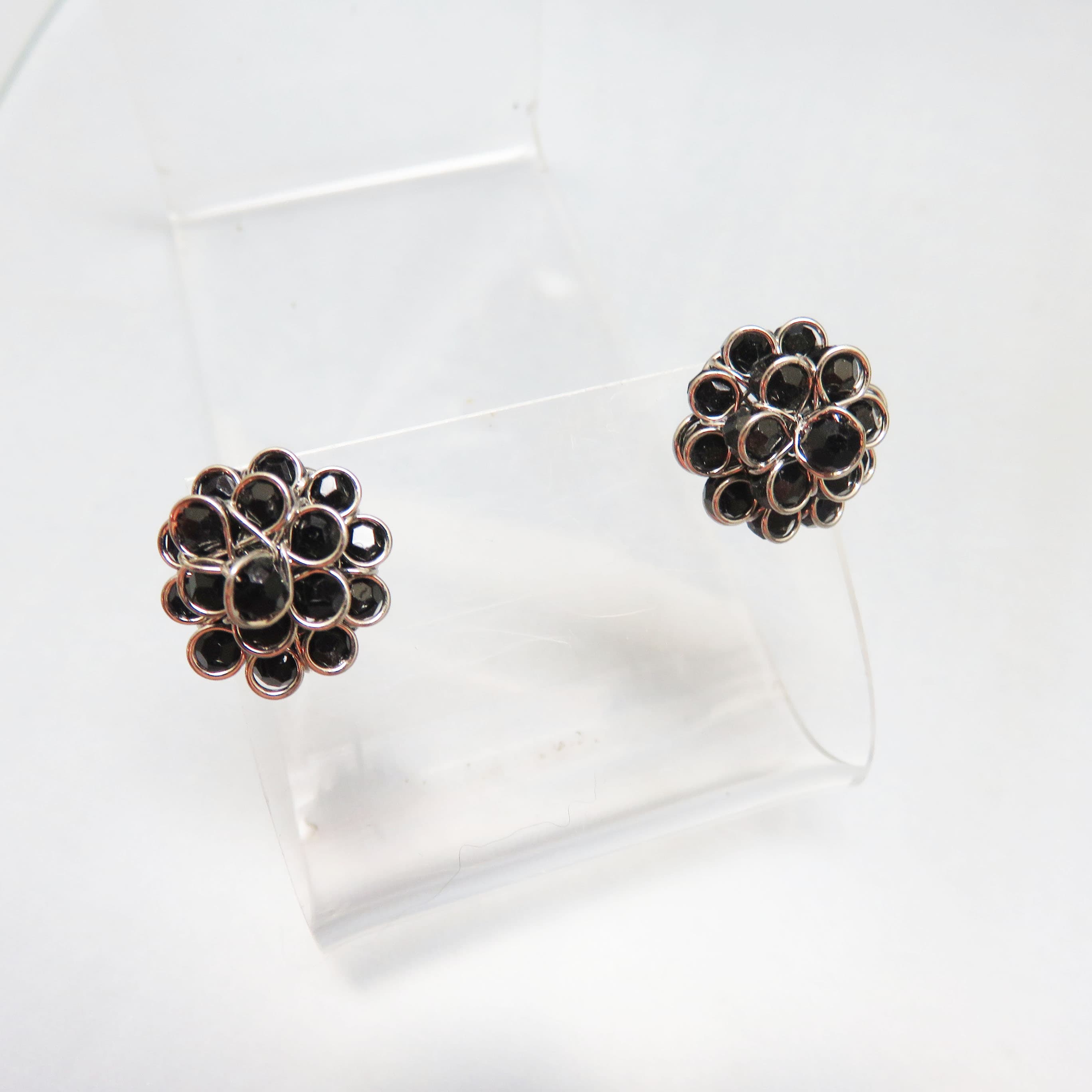 Layered Black Crystal Flower Pierced Earrings, 1980s