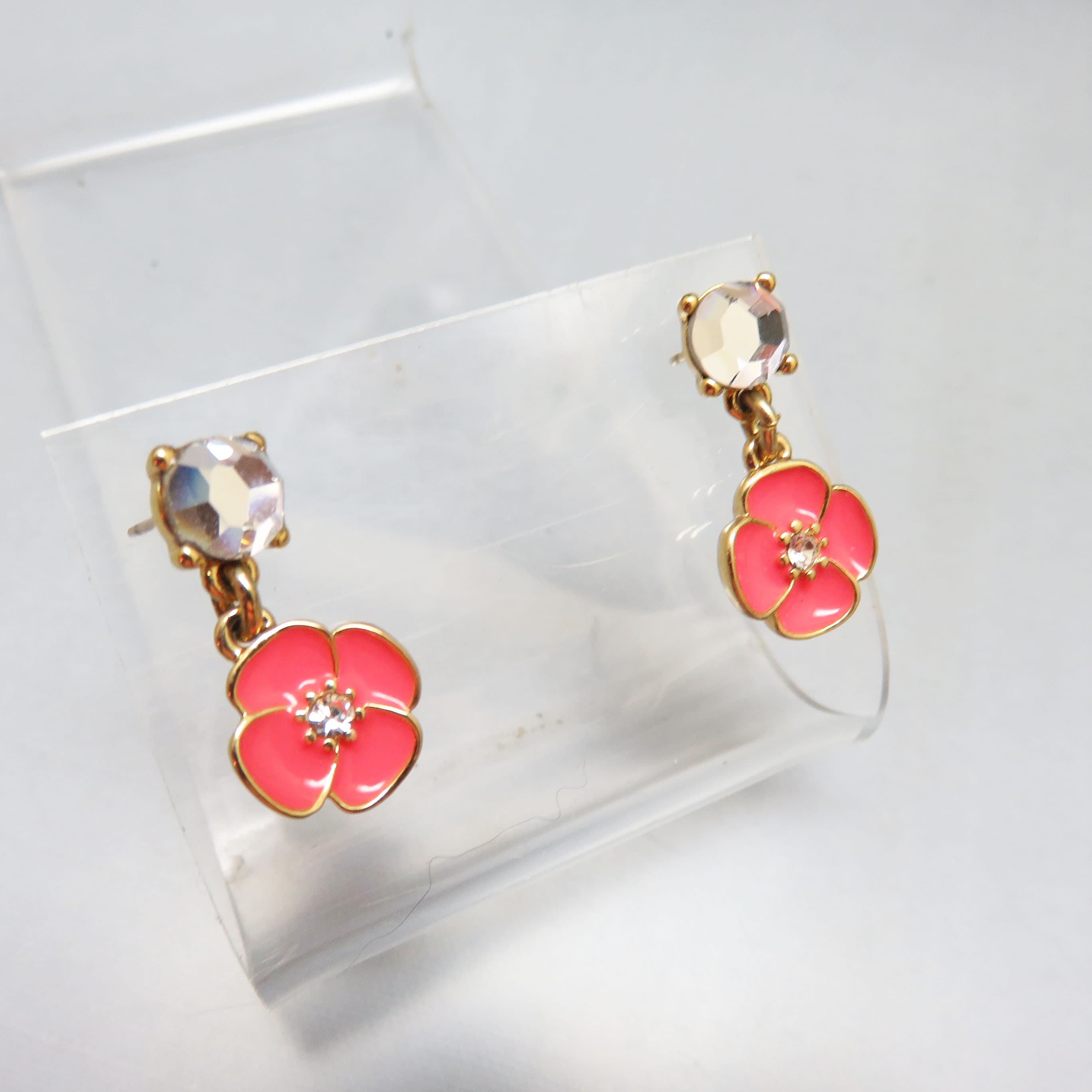 Rhinestone and Hot Pink Flower Dangle Pierced Earrings