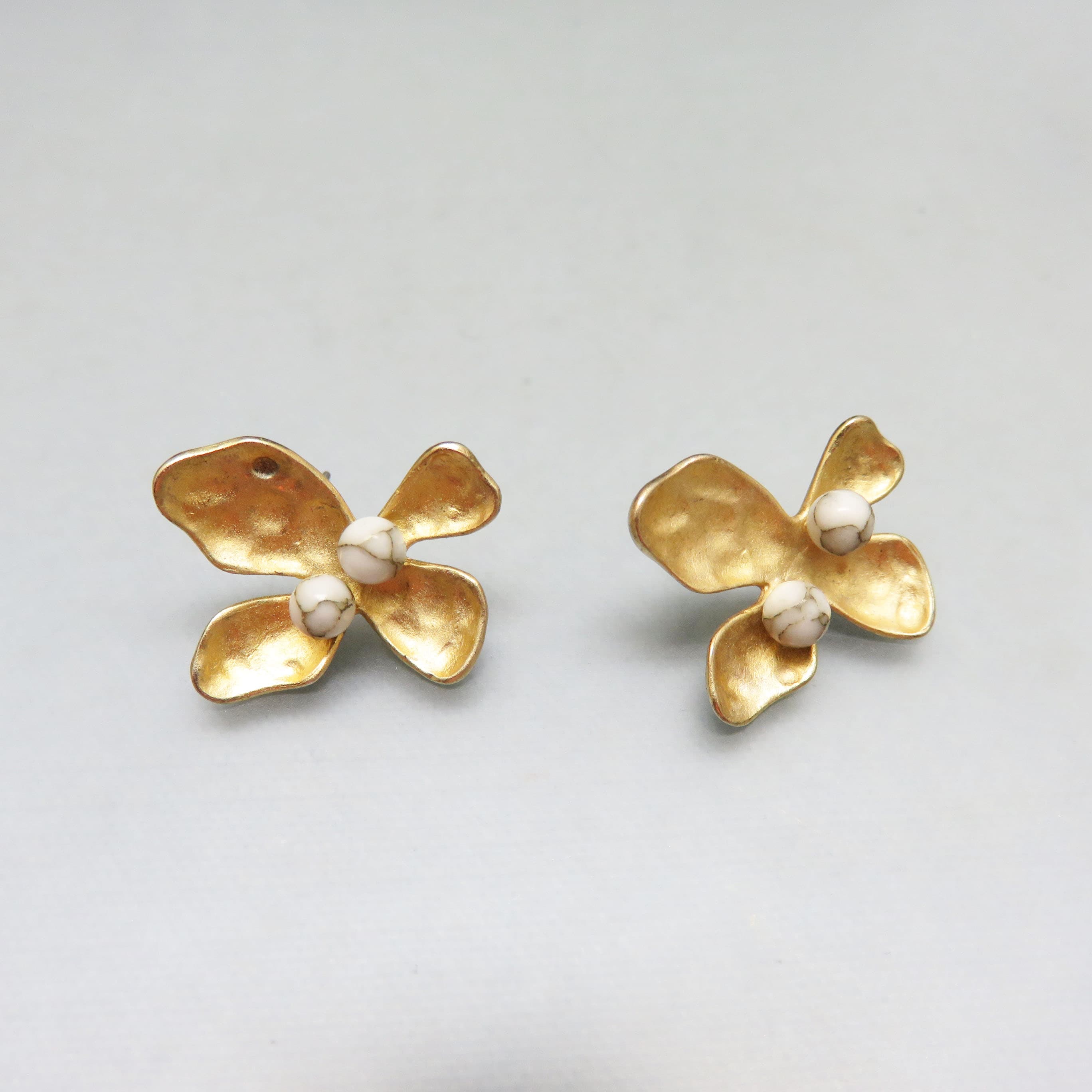 Matte Goldtone Floral Pierced Earrings, Howlite Bead Accents