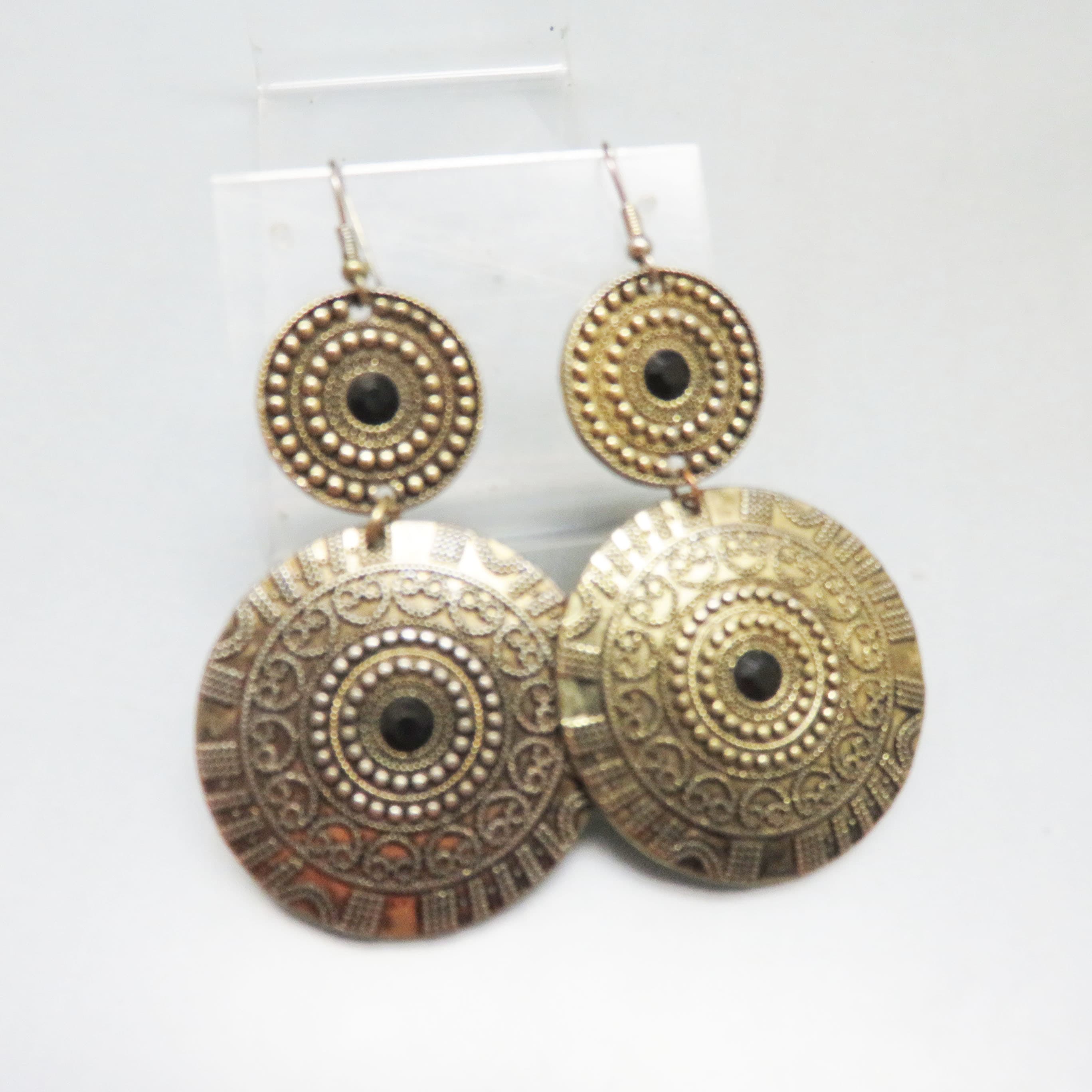 Ethnic Look Embossed Dark Golden Metal Pierced Earrings, 1990s
