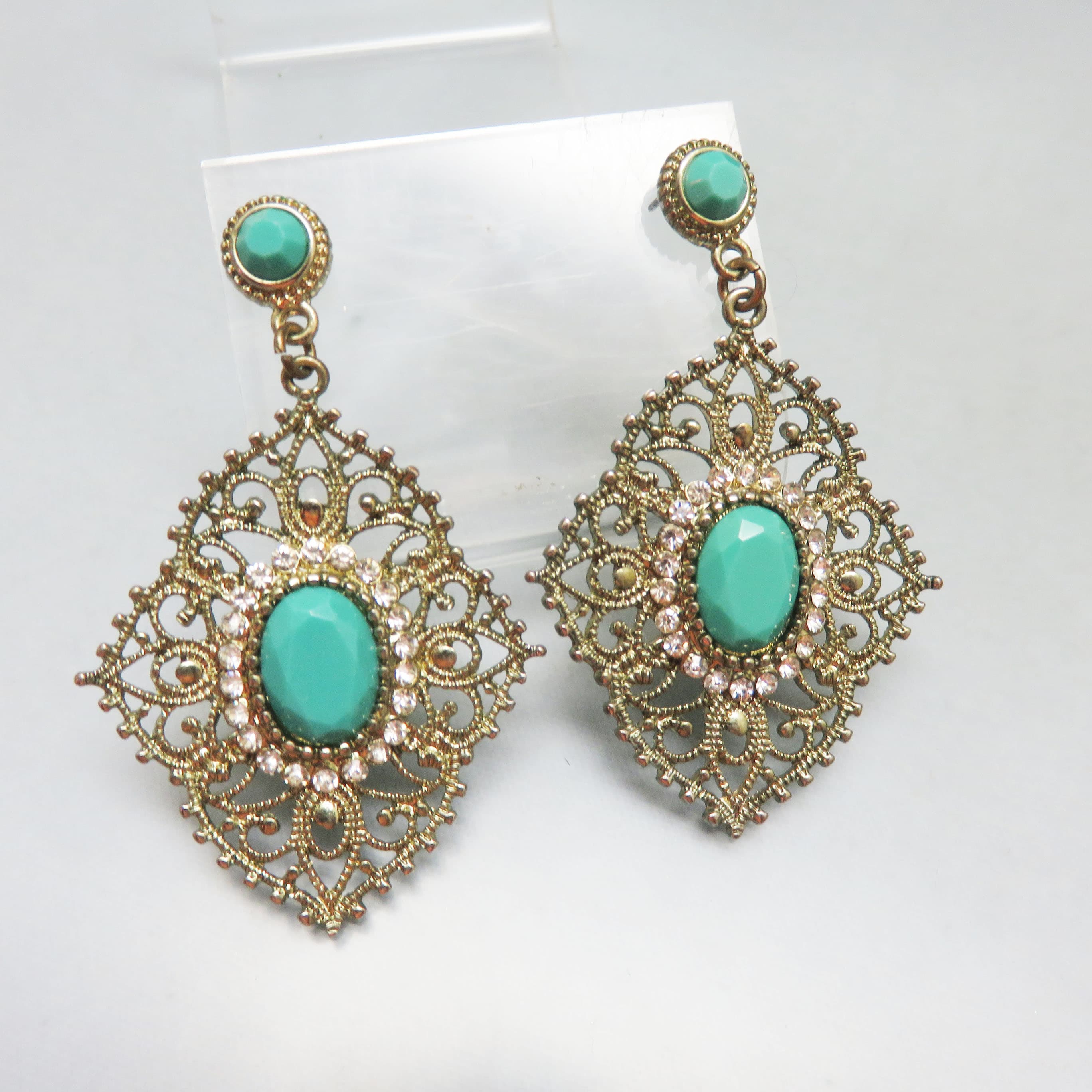 Gorgeous Golden Filigree Pierced Earrings, Accented with Rhinestones and Faux Turquoise Cabochons