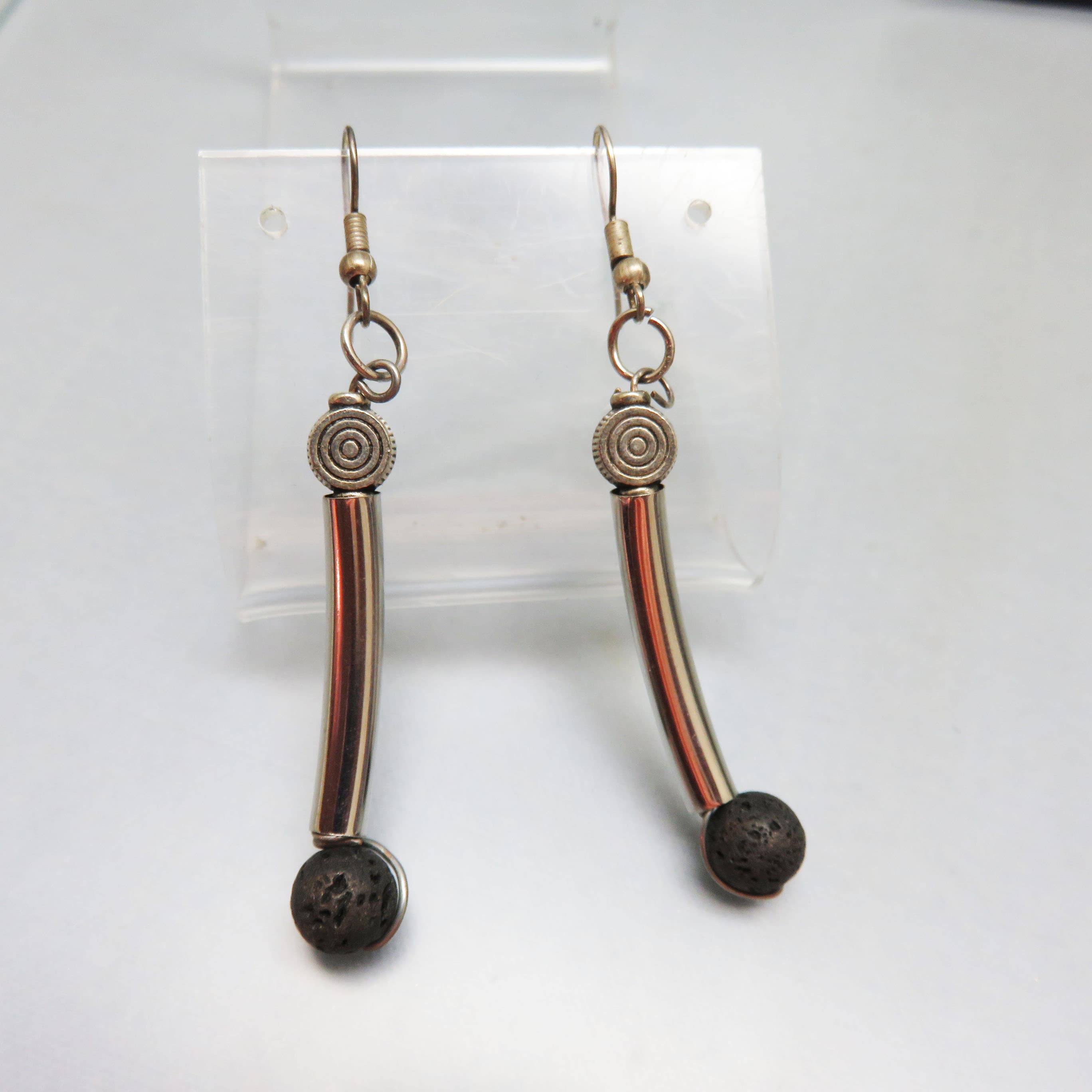 Silvertone Metal, Black Lava Rock Industrial Look Pierced Earrings
