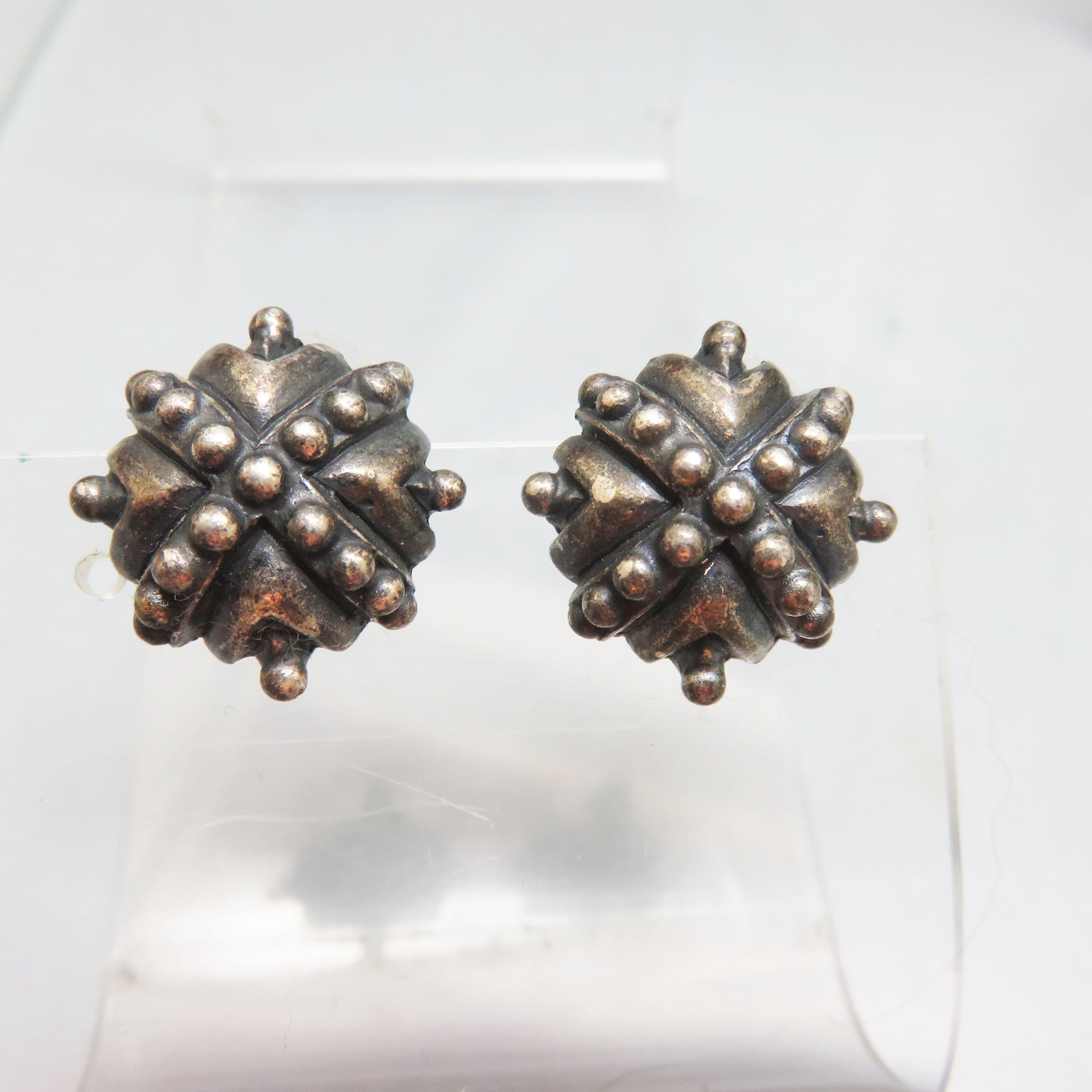 Brutalist Design Post Style Dark Silvertone Metal Pierced Earrings