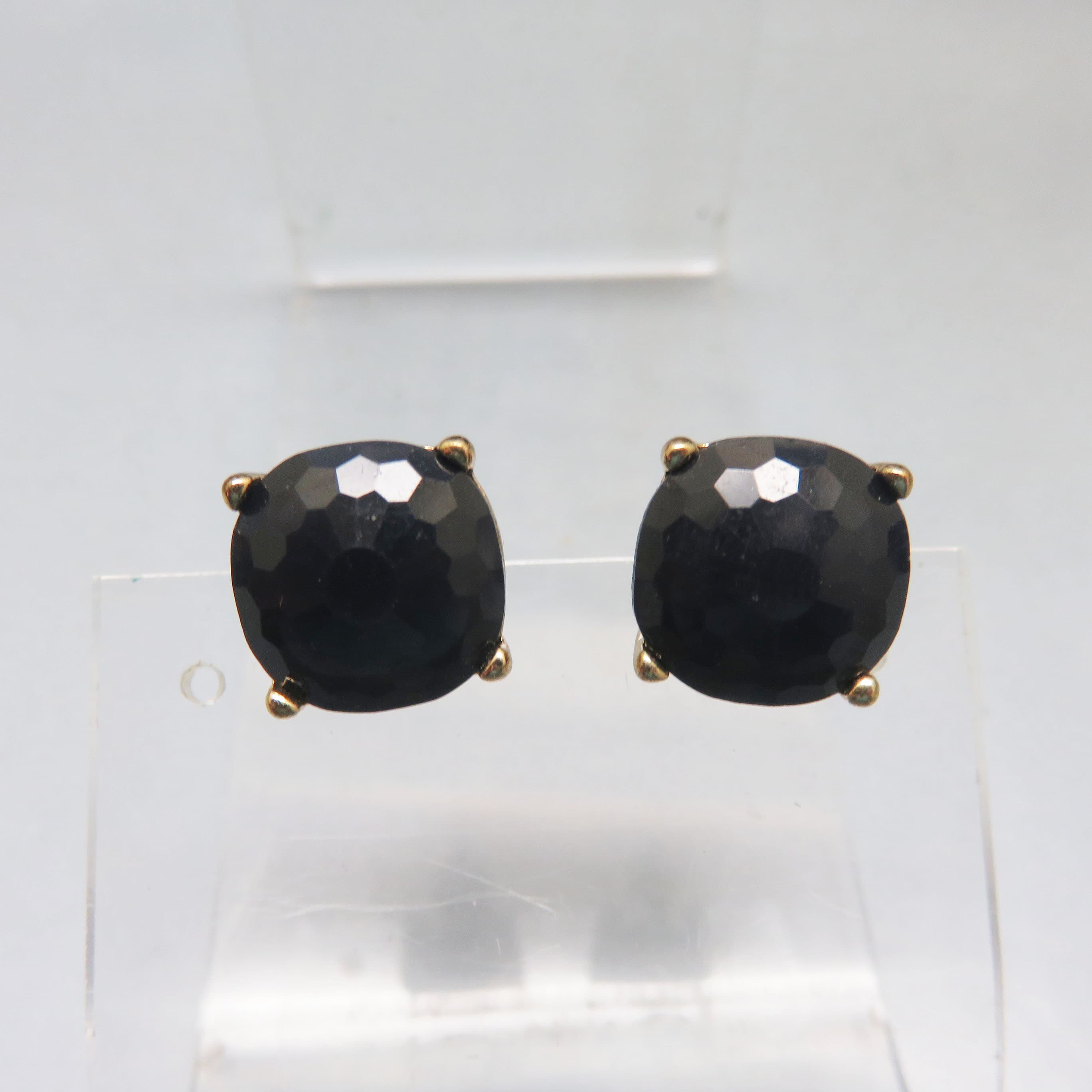 Gold Plated Big Black Rhinestone Stud Style Pierced Earrings