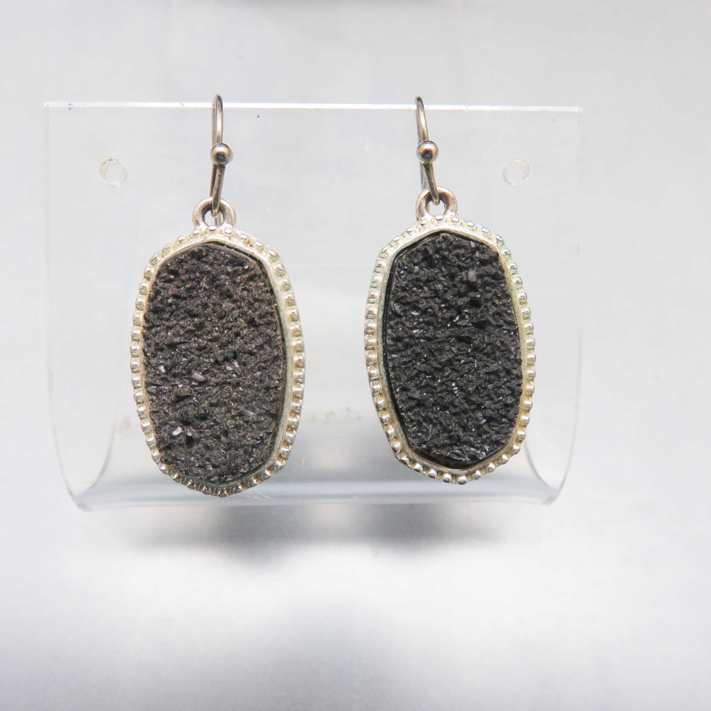 Elongated Black Druzy Stone Pierced Earrings, Silvertone Metal French Hook Earrings