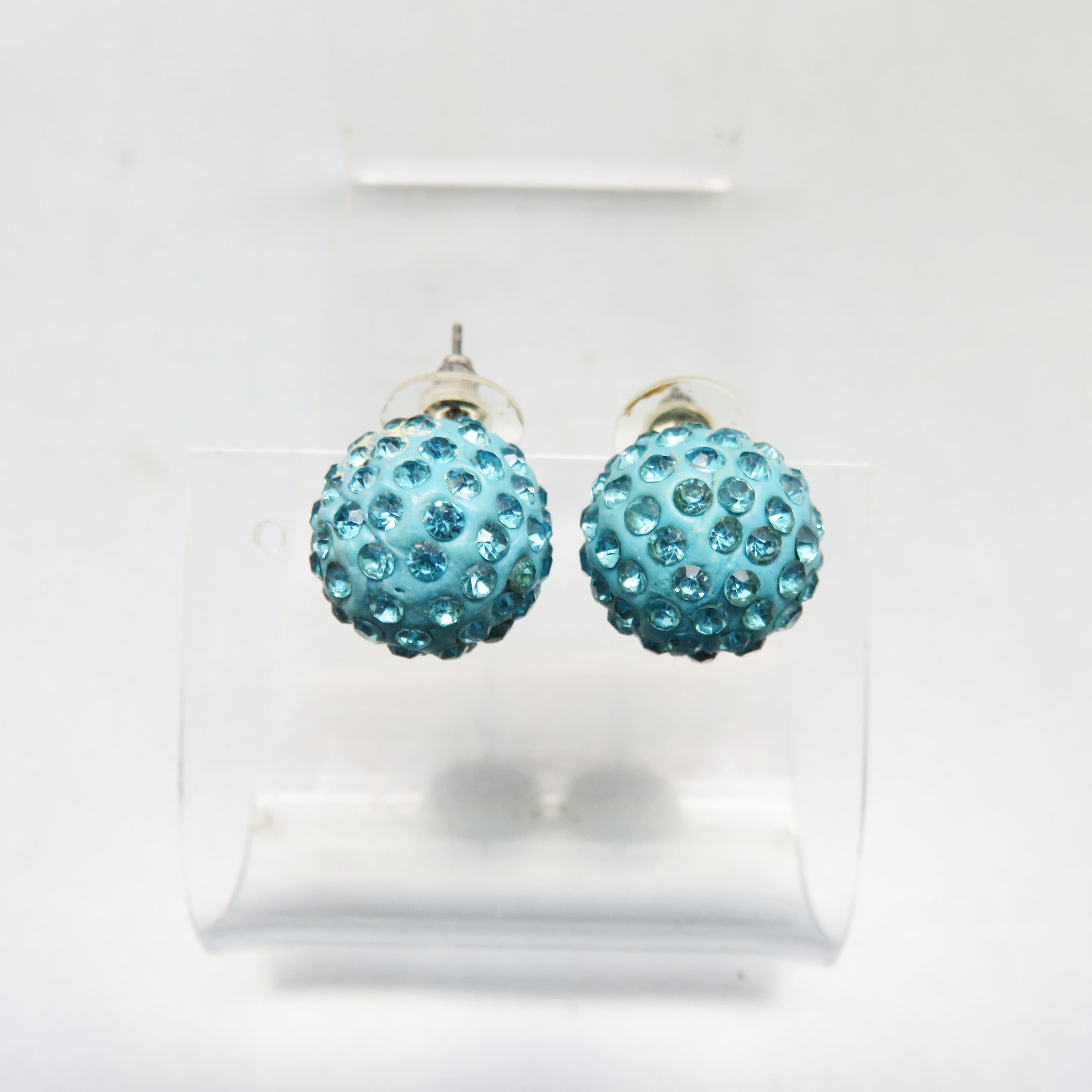 Aqua Blue Rhinestone Disco Ball Pierced Earrings