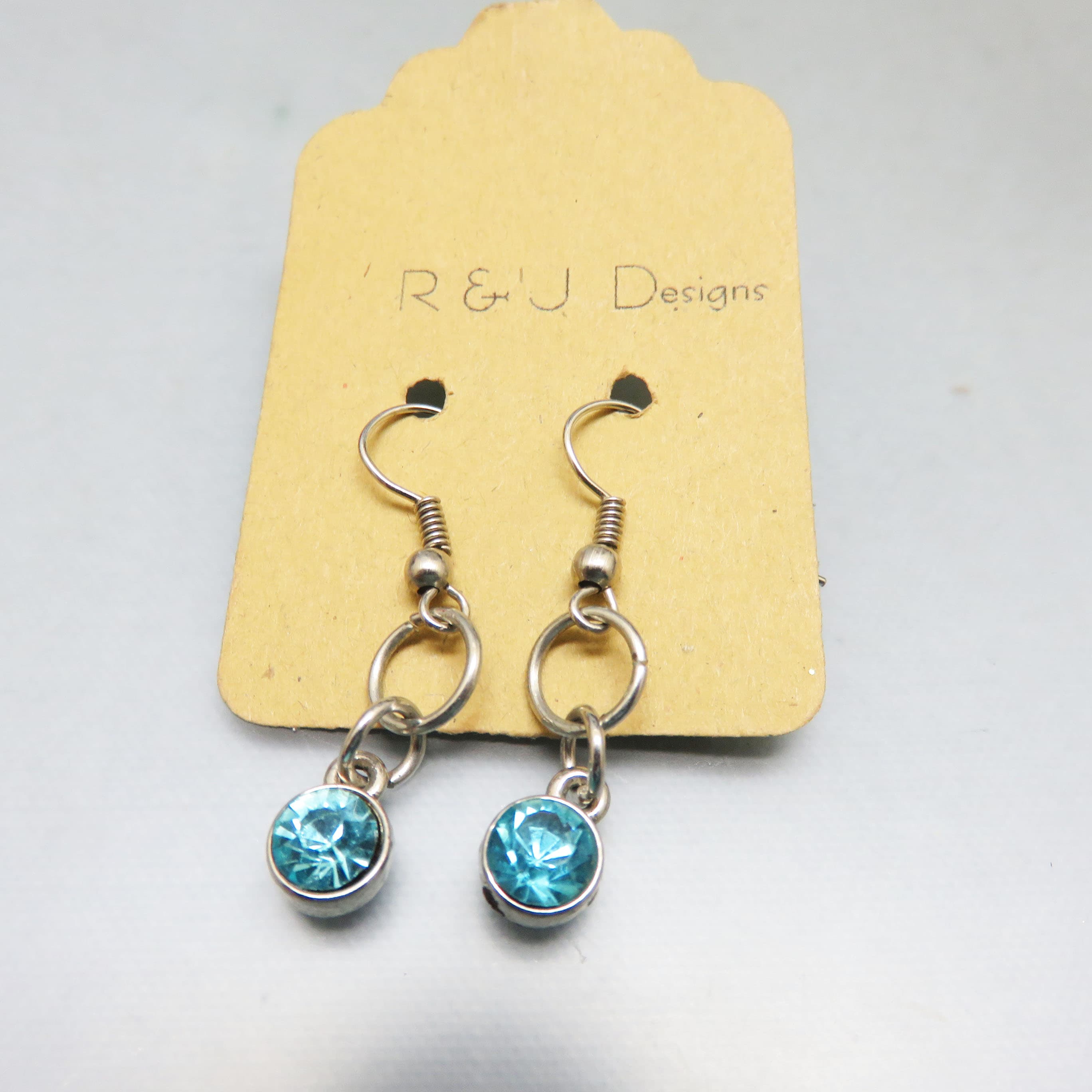 R & J Designs, Mint on Card French Hook Aqua Rhinestone Dangle Pierced Earrings