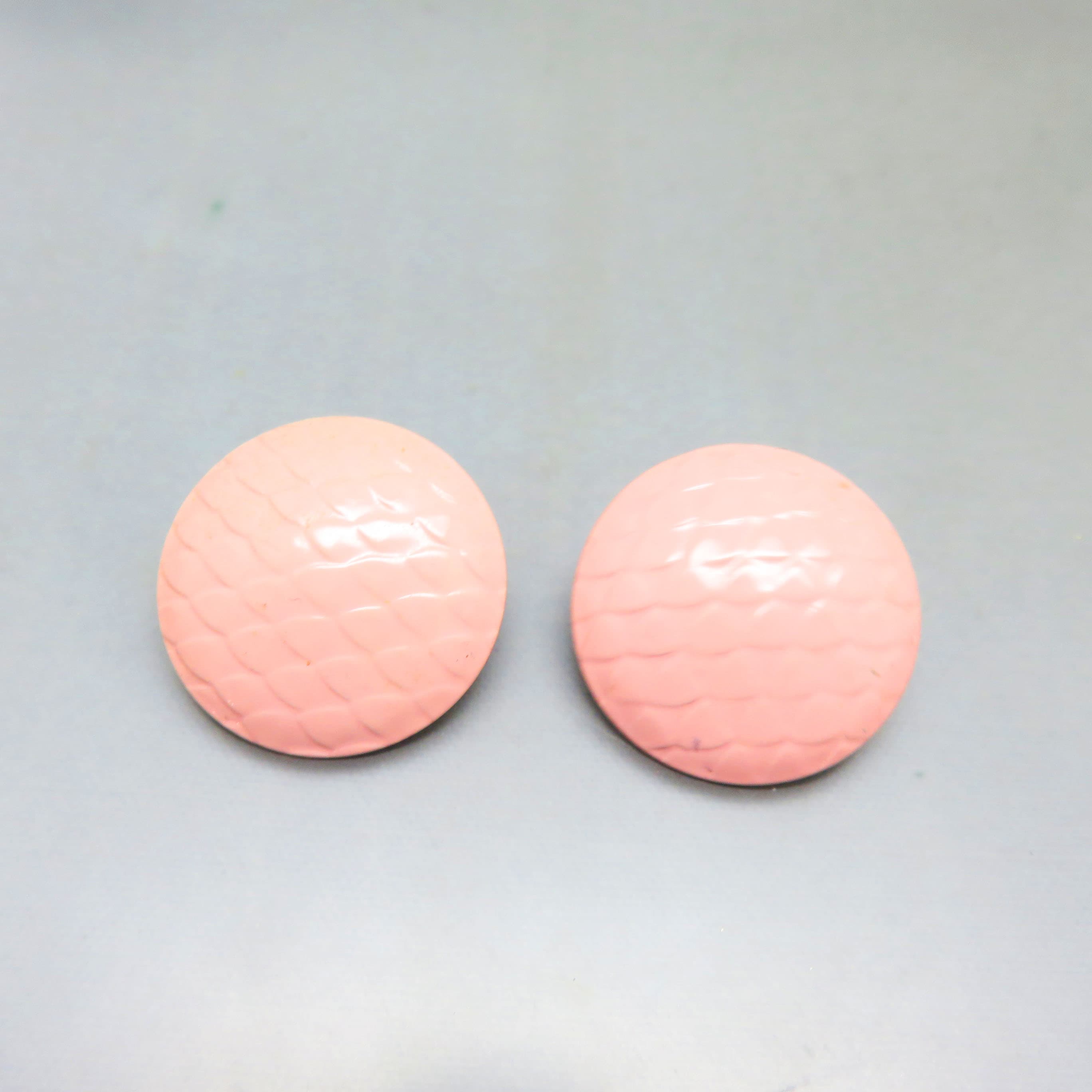 Baby Pink Enameled Metal Button Style Pierced Earrings