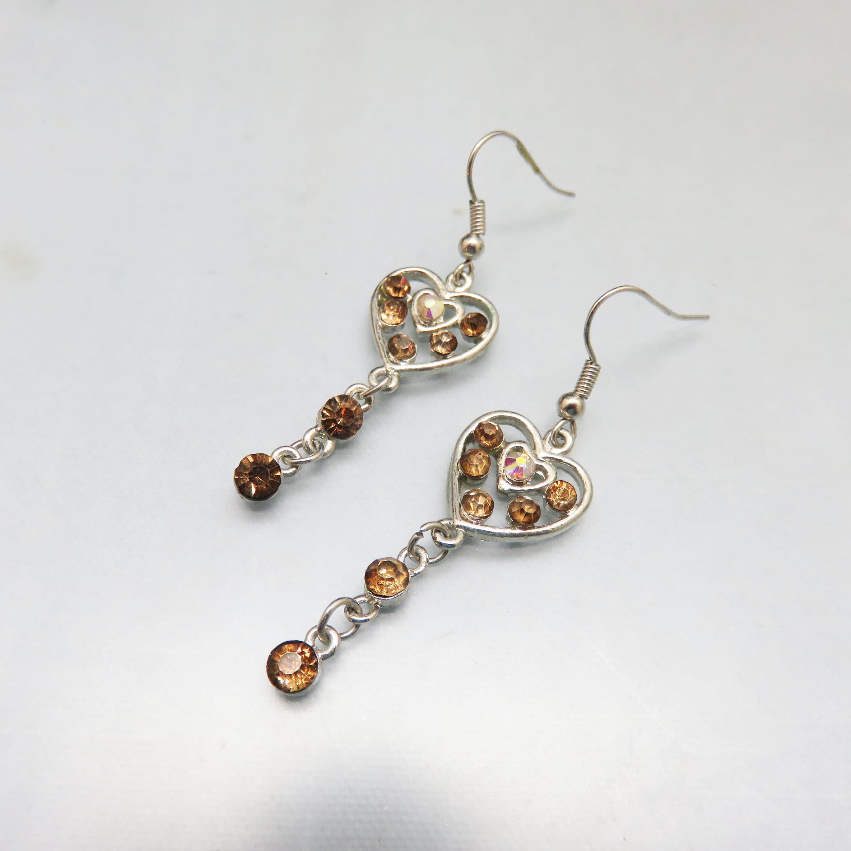 Brown Rhinestone Heart Shaped Pierced Earrings