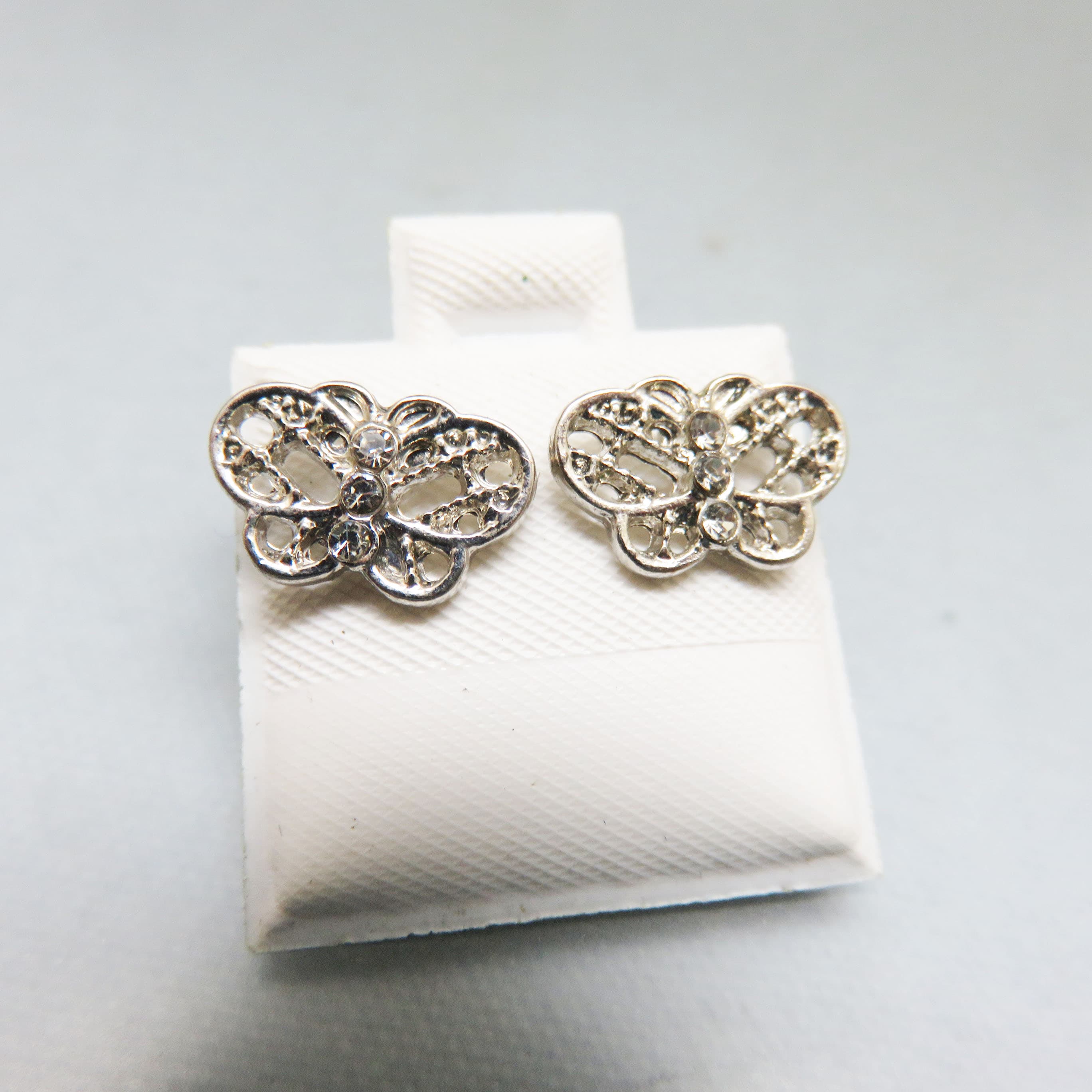 Petite Silvery Metal Filigree Butterfly Stud Earrings, Tiny Rhinestone Pierced Earrings