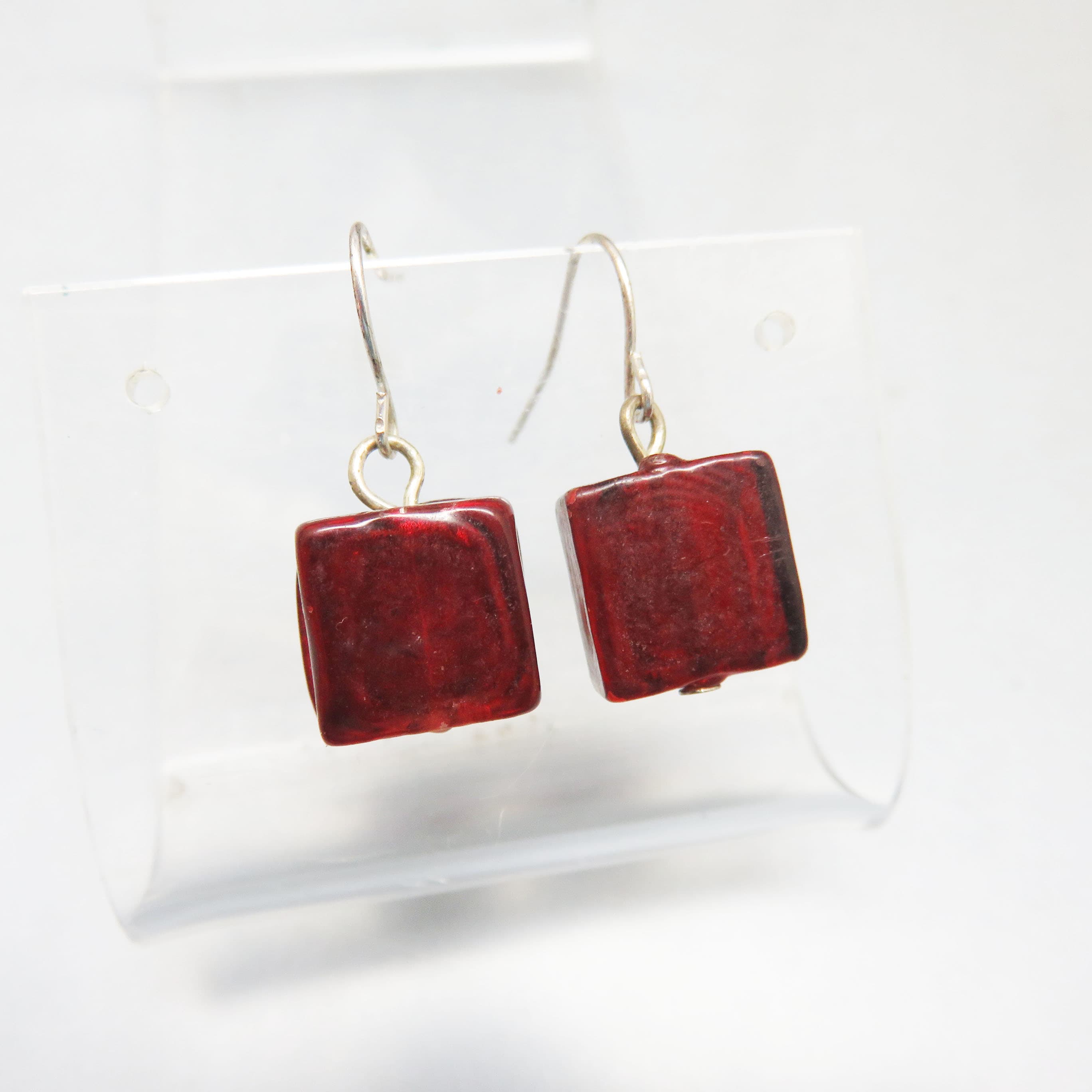 Wine Red Glass Cube Pierced Earrings