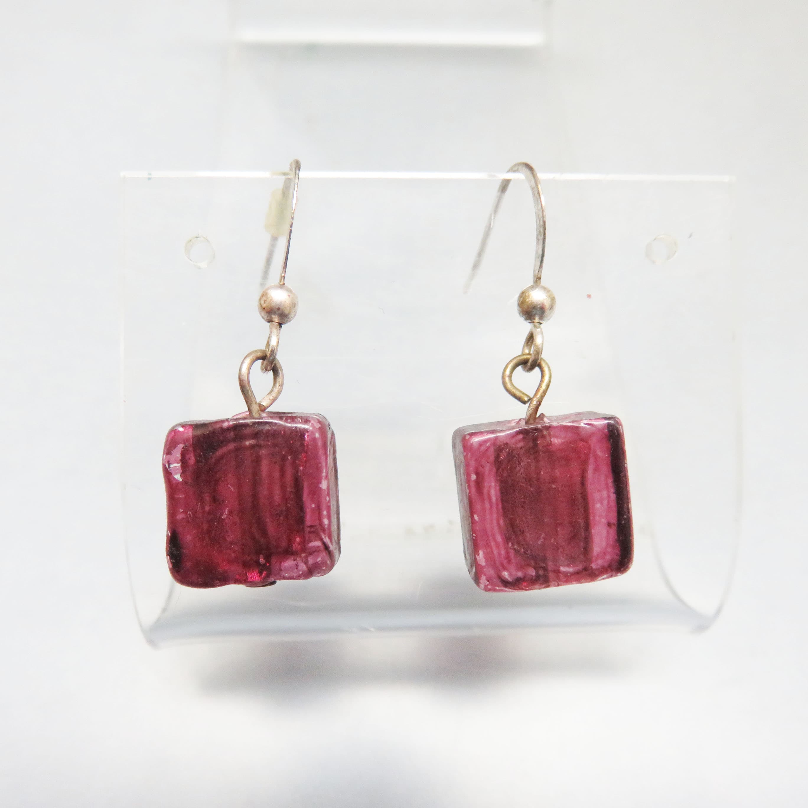 Translucent Purple Glass Cube Pierced Earrings