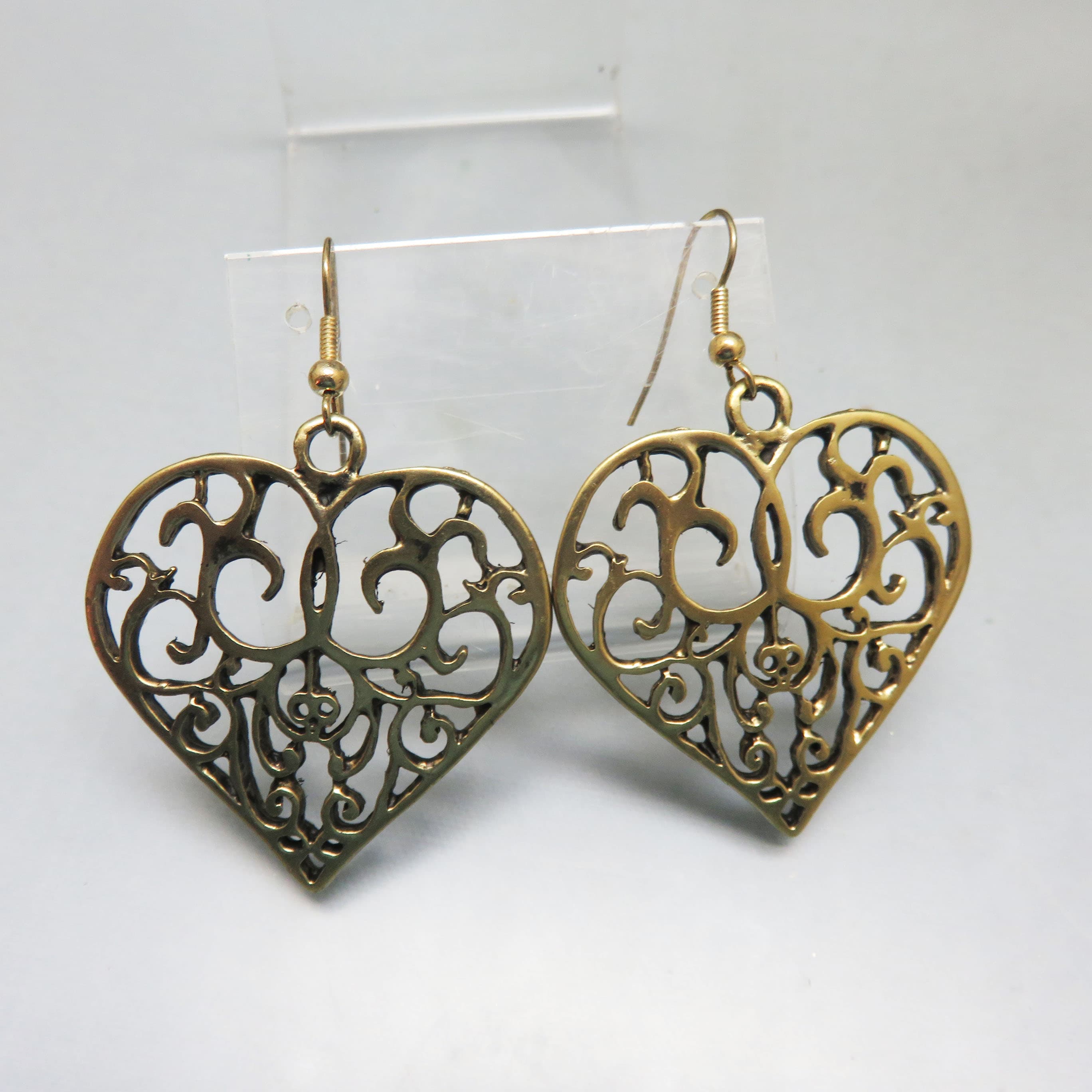 Antiqued Goldtone Metal Filigree Heart Pierced Earrings