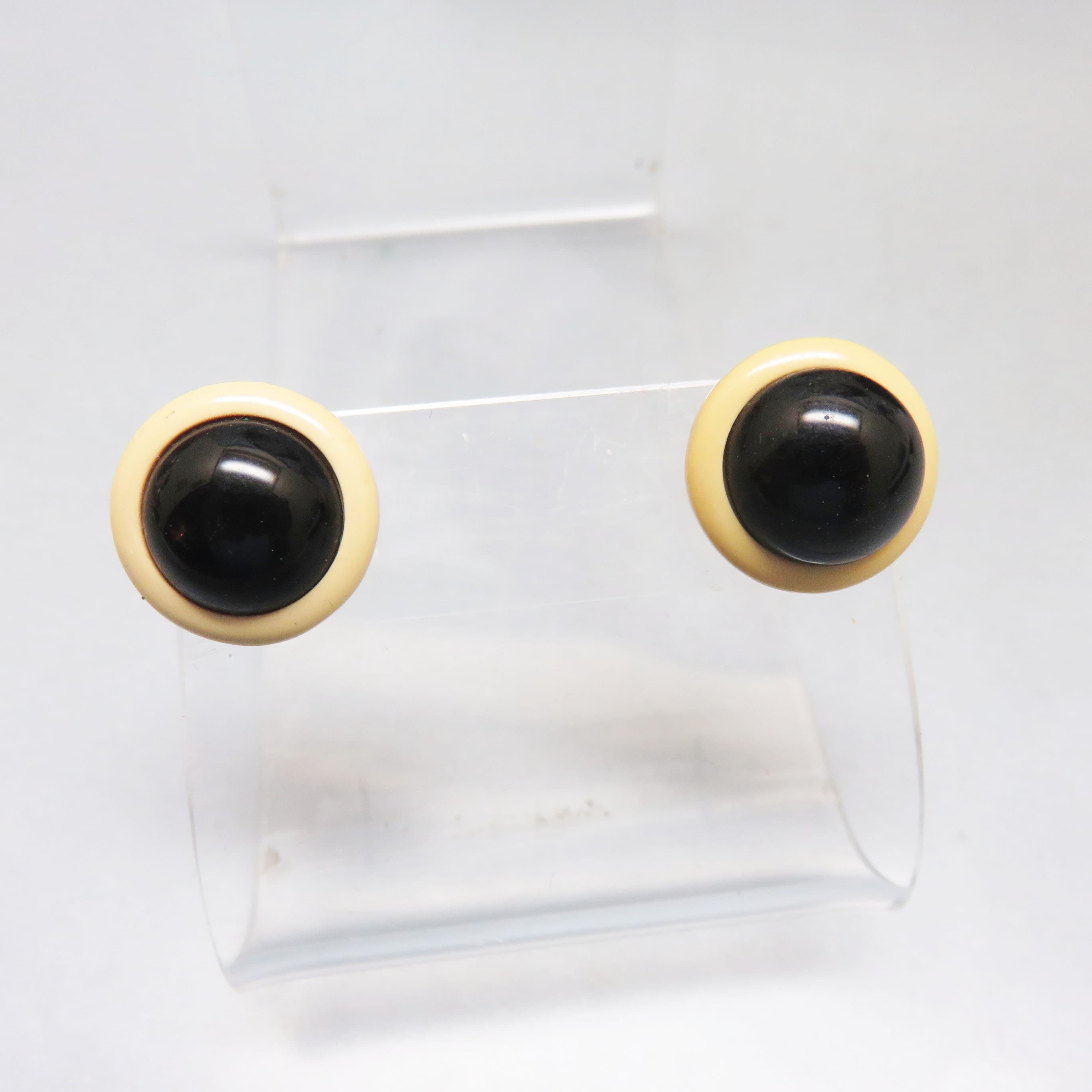 Cute Cream and Black Lucite Button Pierced Earrings