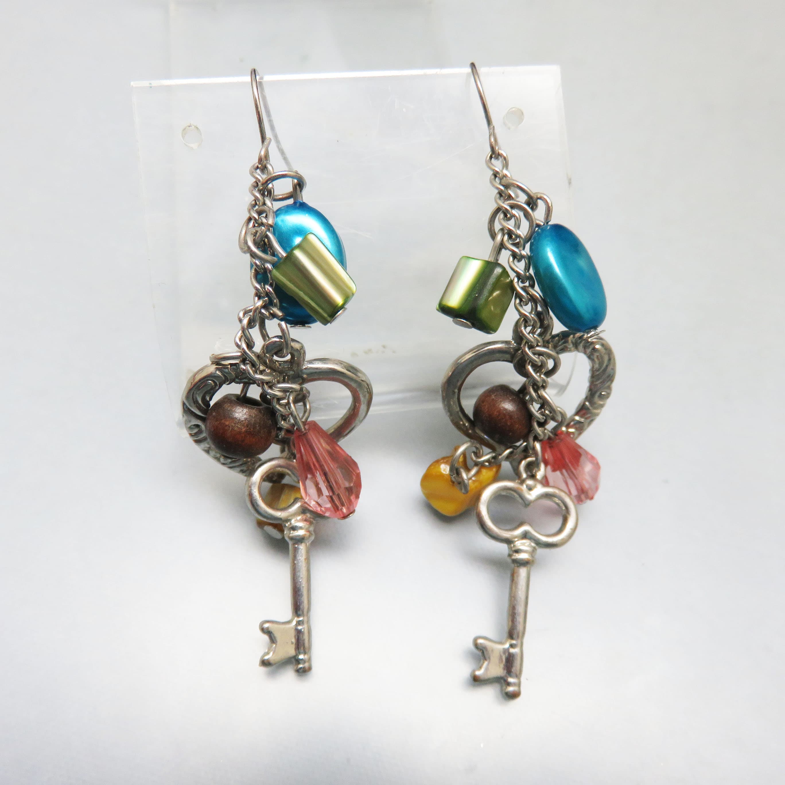1990s Romantic Heart and Key Charm Pierced Earrings, Colorful Shoulder Duster Dangle Earrings
